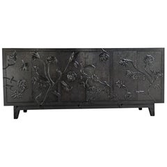 Med. Hammered Antq. Bronze Floral Sideboard – Contemporary Carved Metal Credenza