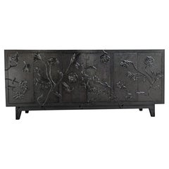 Med. Hammered Antq. Bronze Organic Floral Sideboard – Carved Metal Credenza