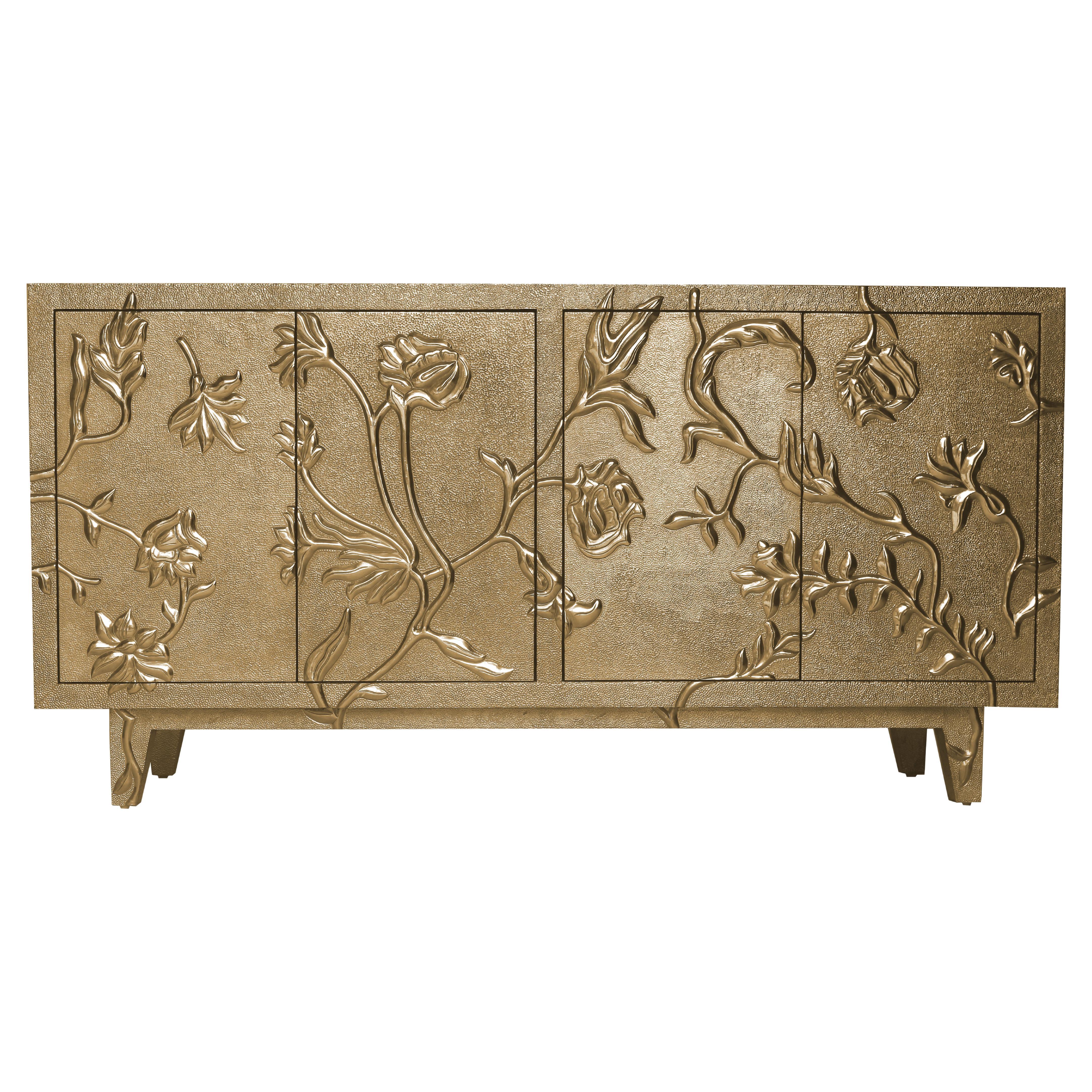 Med. Hammered Brass Floral Credenza – Carved Metal Storage Cabinet, Handmade