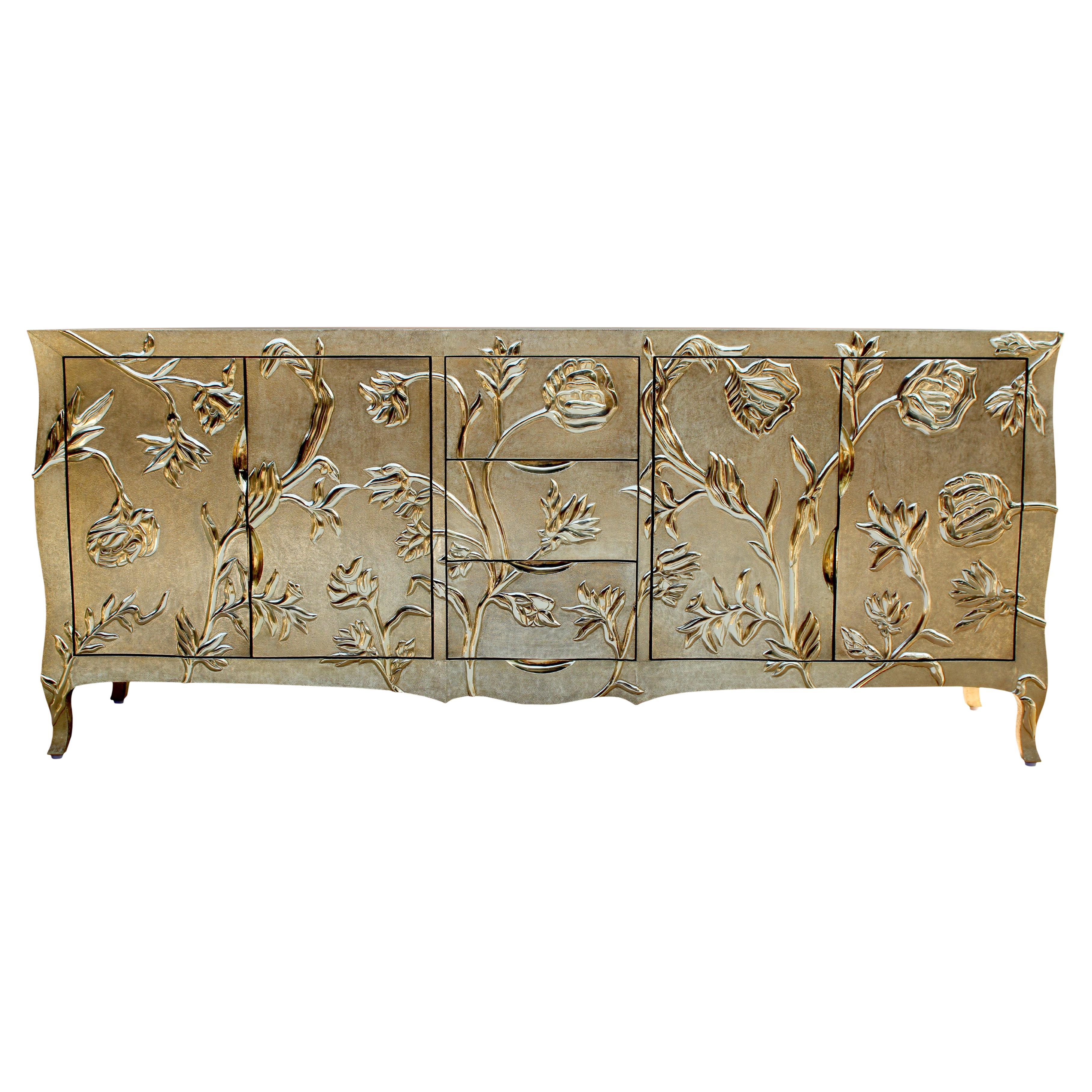 Med. Hammered Brass Louise Floral Credenza – Carved Sideboard, Paul Mathieu