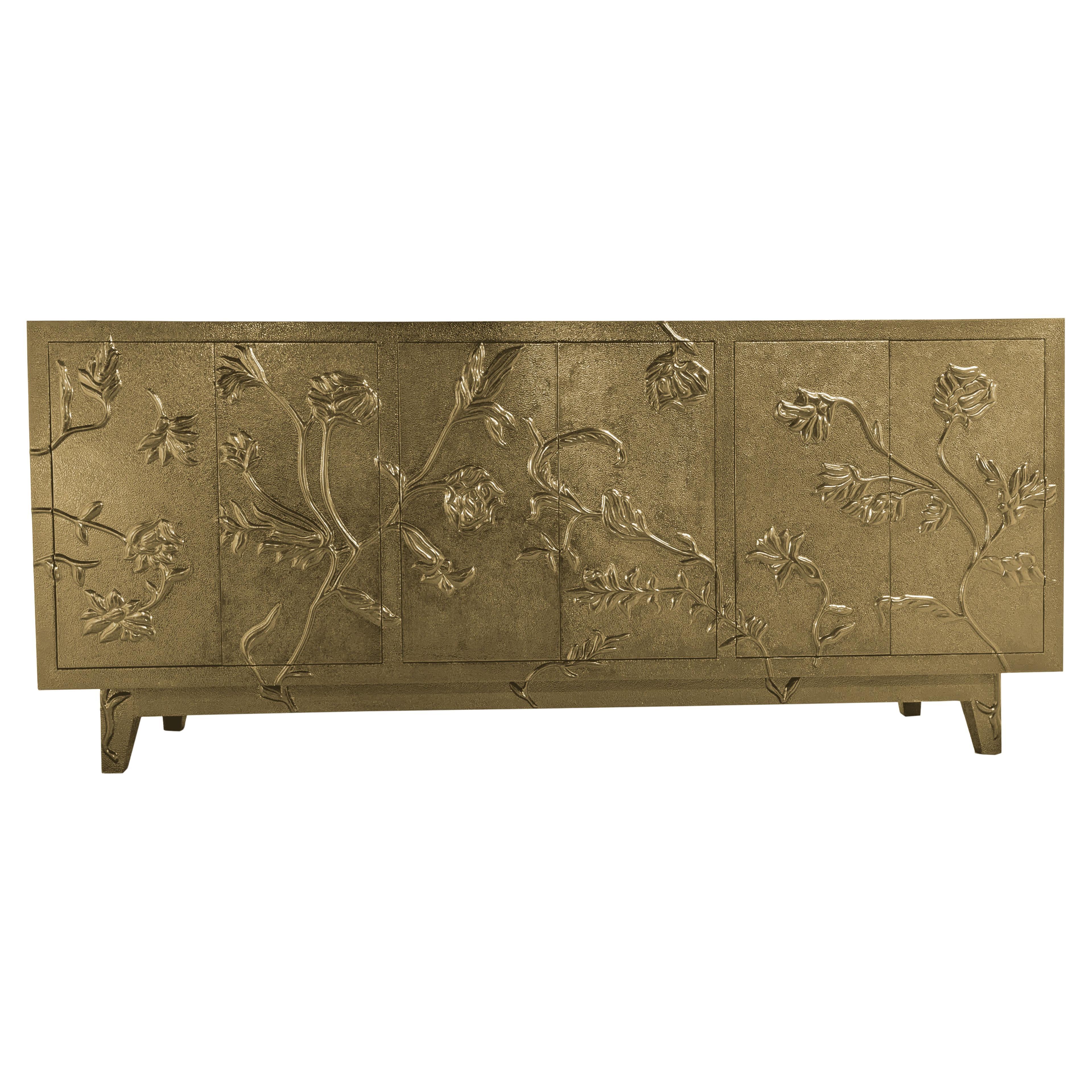 Med. Hammered Brass Sculptural Floral Buffet – Metal Clad Sideboard Credenza For Sale