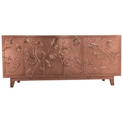 Med. Hammered Copper Floral Credenza – Hollywood Regency Metal Clad Cabinet