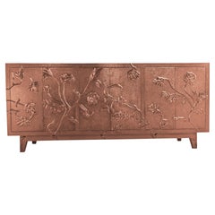 Med. Hammered Copper Sculptural Floral Buffet – Metal Clad Sideboard Credenza