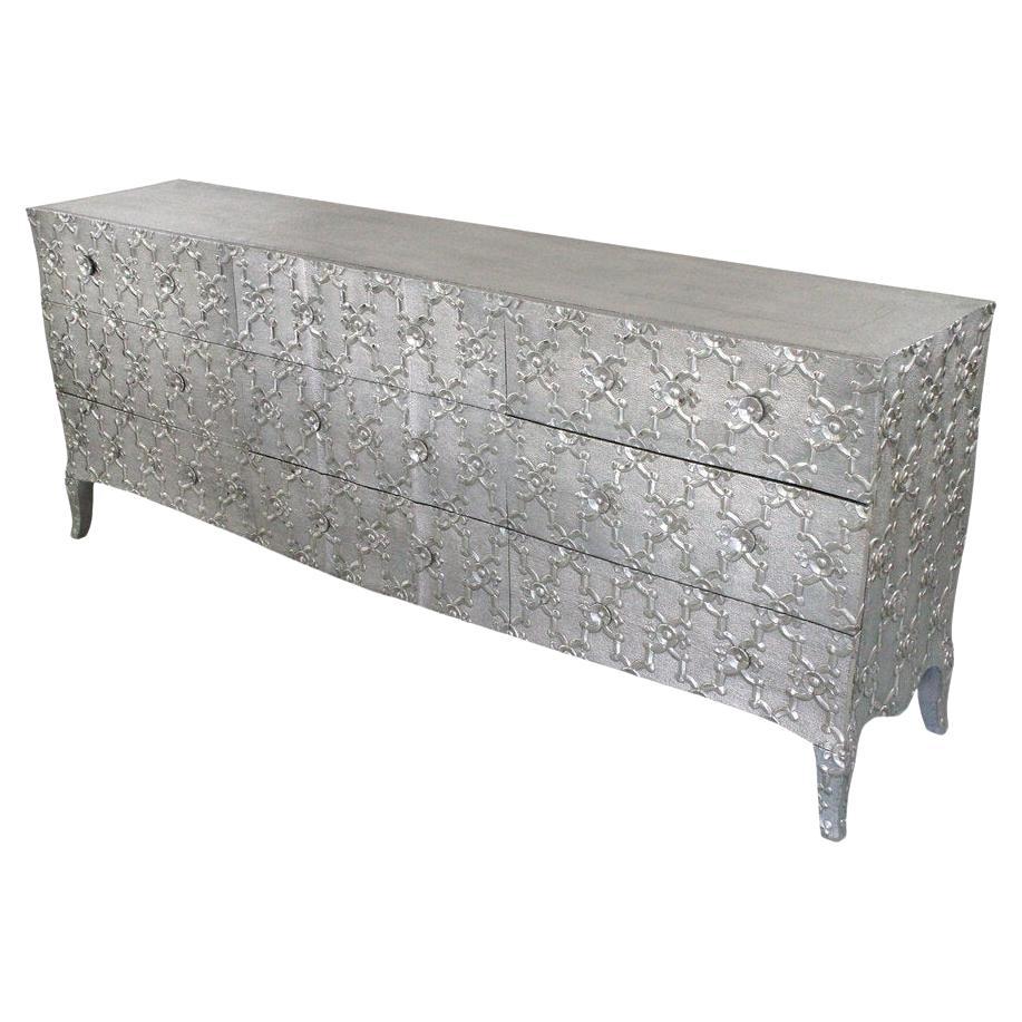 Med. Hammered White Bronze Fleur de Lis Sideboard – 9-Drawer Dresser For Sale