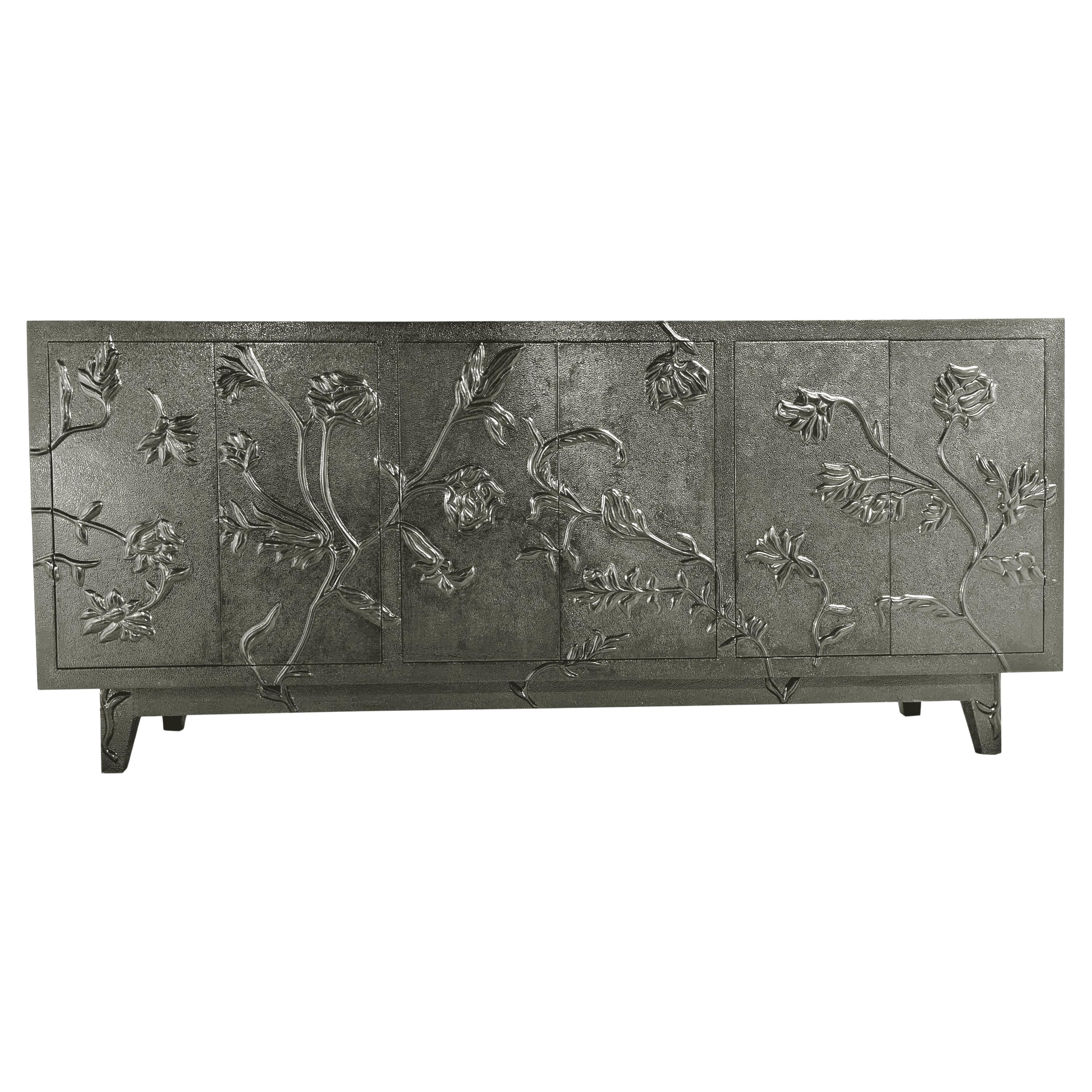 Med. Hammered White Bronze Floral Sideboard – Contemporary Carved Metal Credenza For Sale