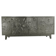 Med. Hammered White Bronze Organic Floral Sideboard – Carved Metal Credenza