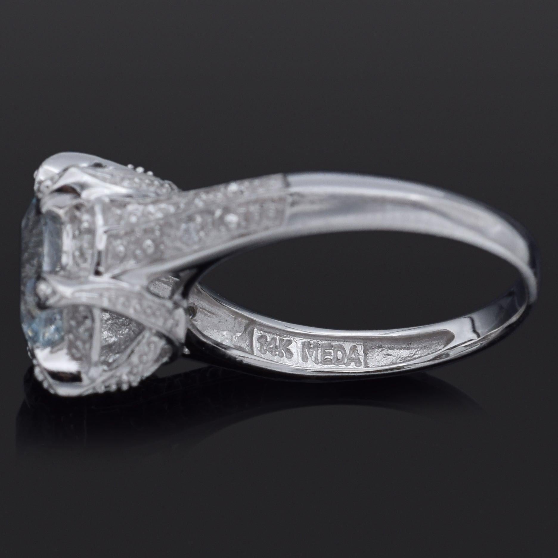 Oval Cut Meda 14K White Gold 1.33 Ct Aquamarine & Diamond Band Ring For Sale