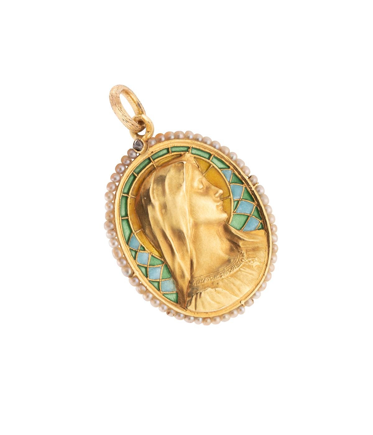 Art Nouveau Médaille Art nouveau en émail plique à jour e perles fines in vendita