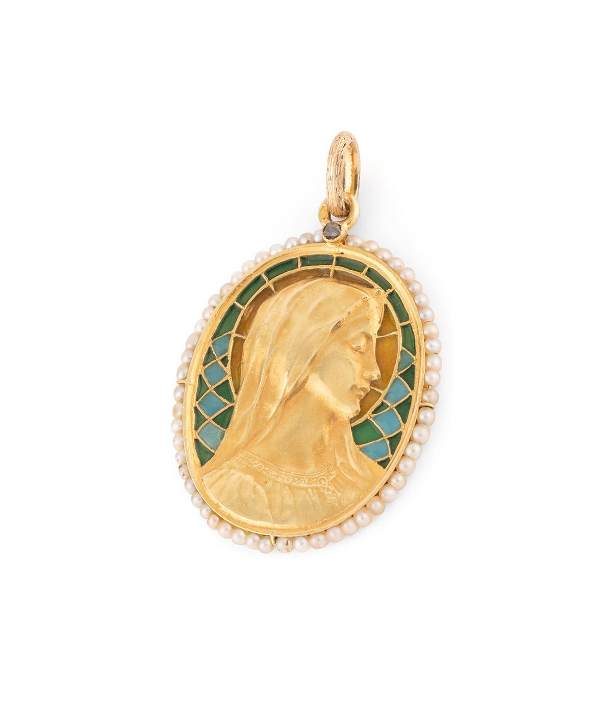 Grezzo Médaille Art nouveau en émail plique à jour e perles fines in vendita