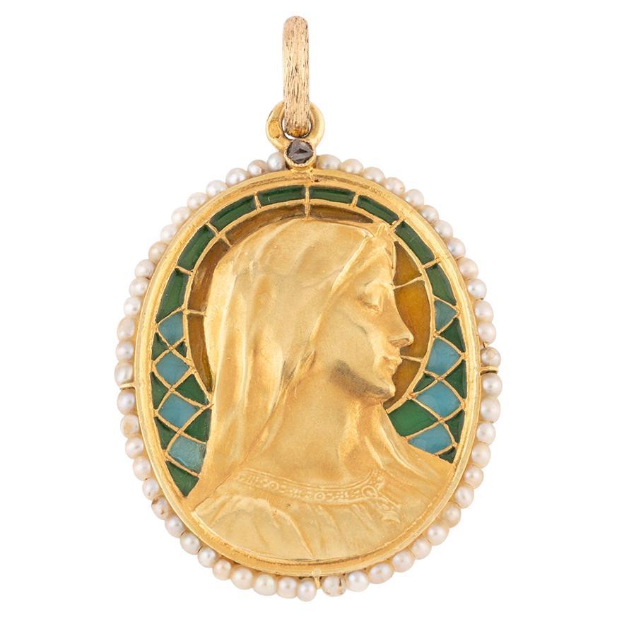 Médaille Art nouveau en émail plique à jour et perles fines