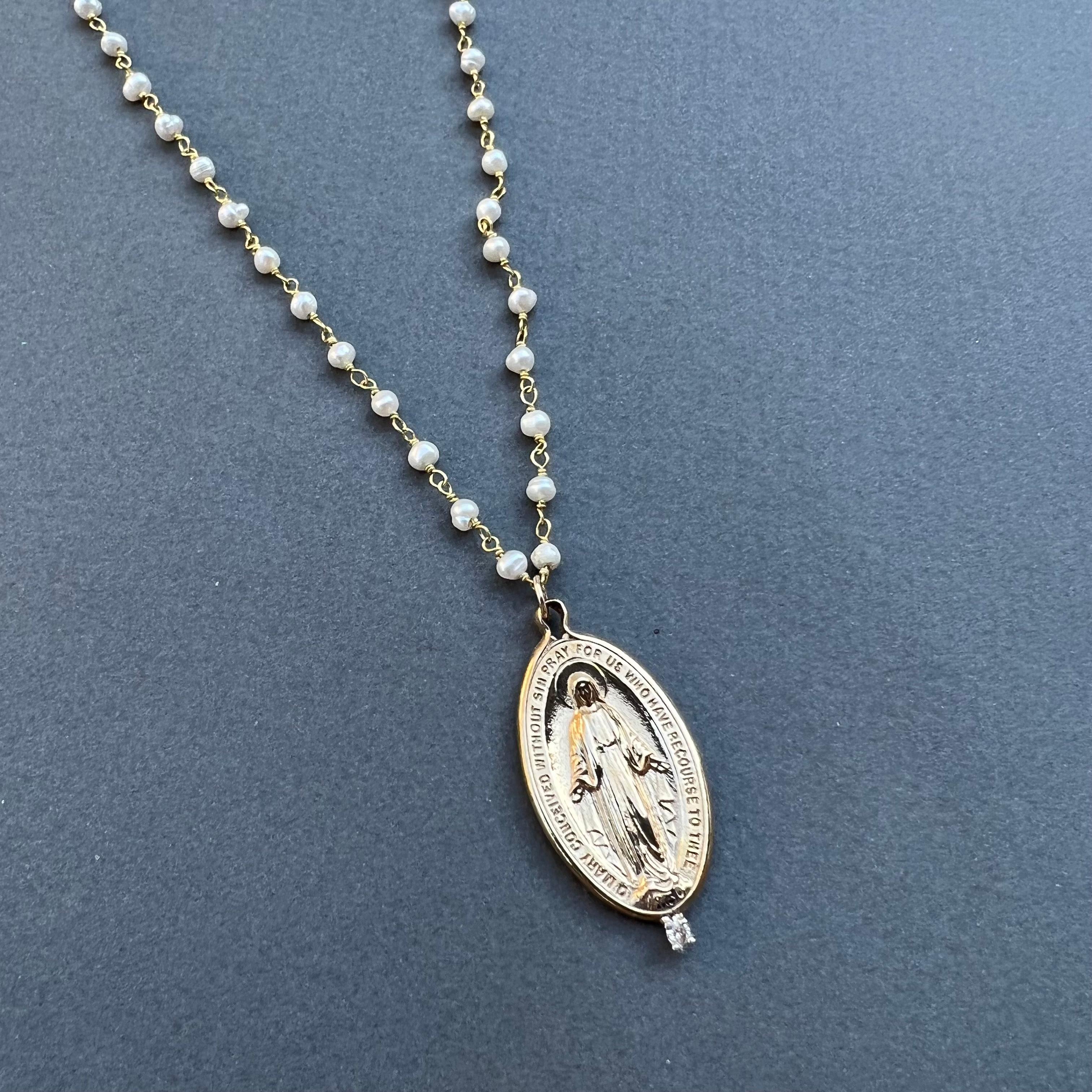 Medal Bead Pendant Necklace Diamond Virgin Mary Pearl Rosario 28
