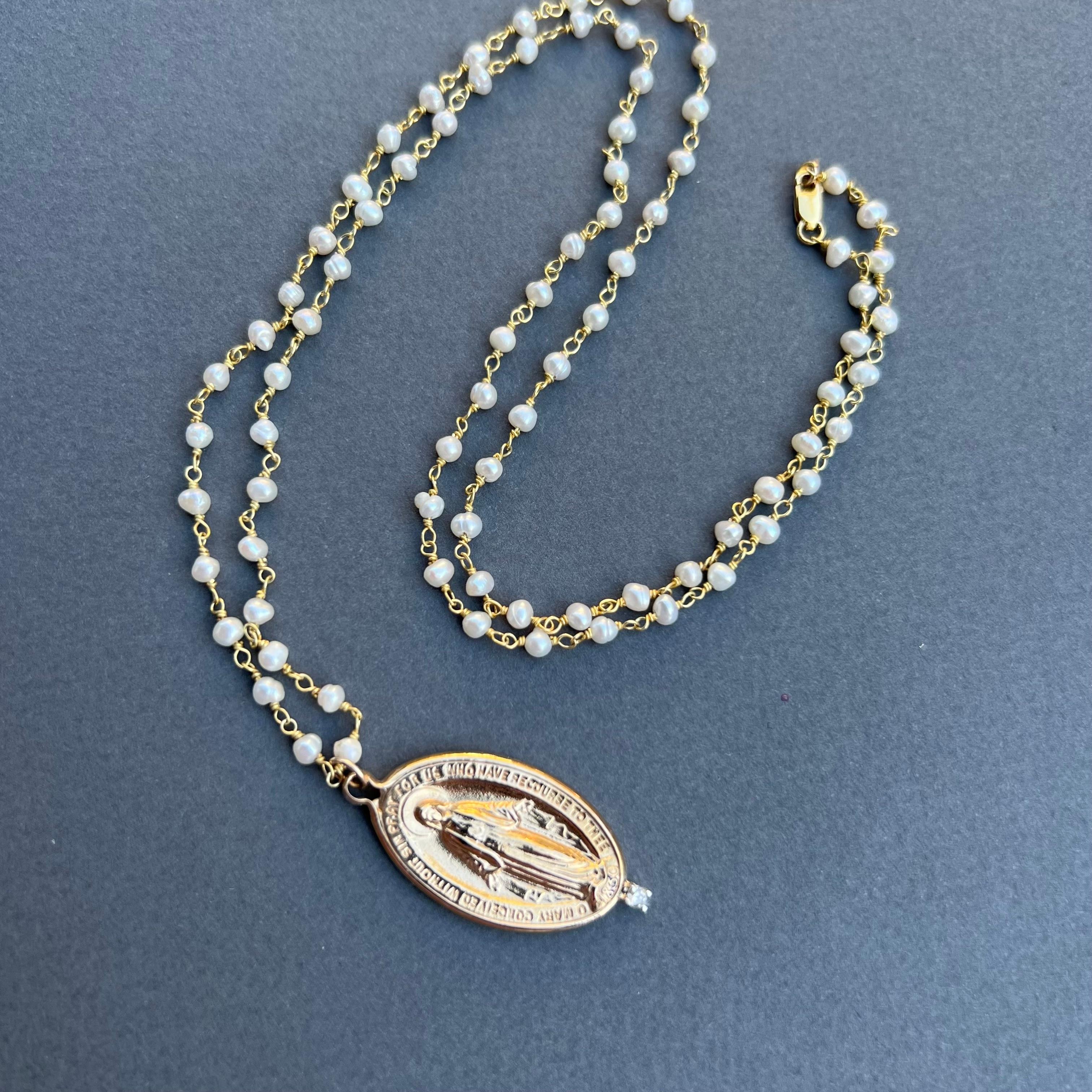 Contemporary Medal Bead Pendant Necklace Diamond Virgin Mary Pearl Rosario For Sale