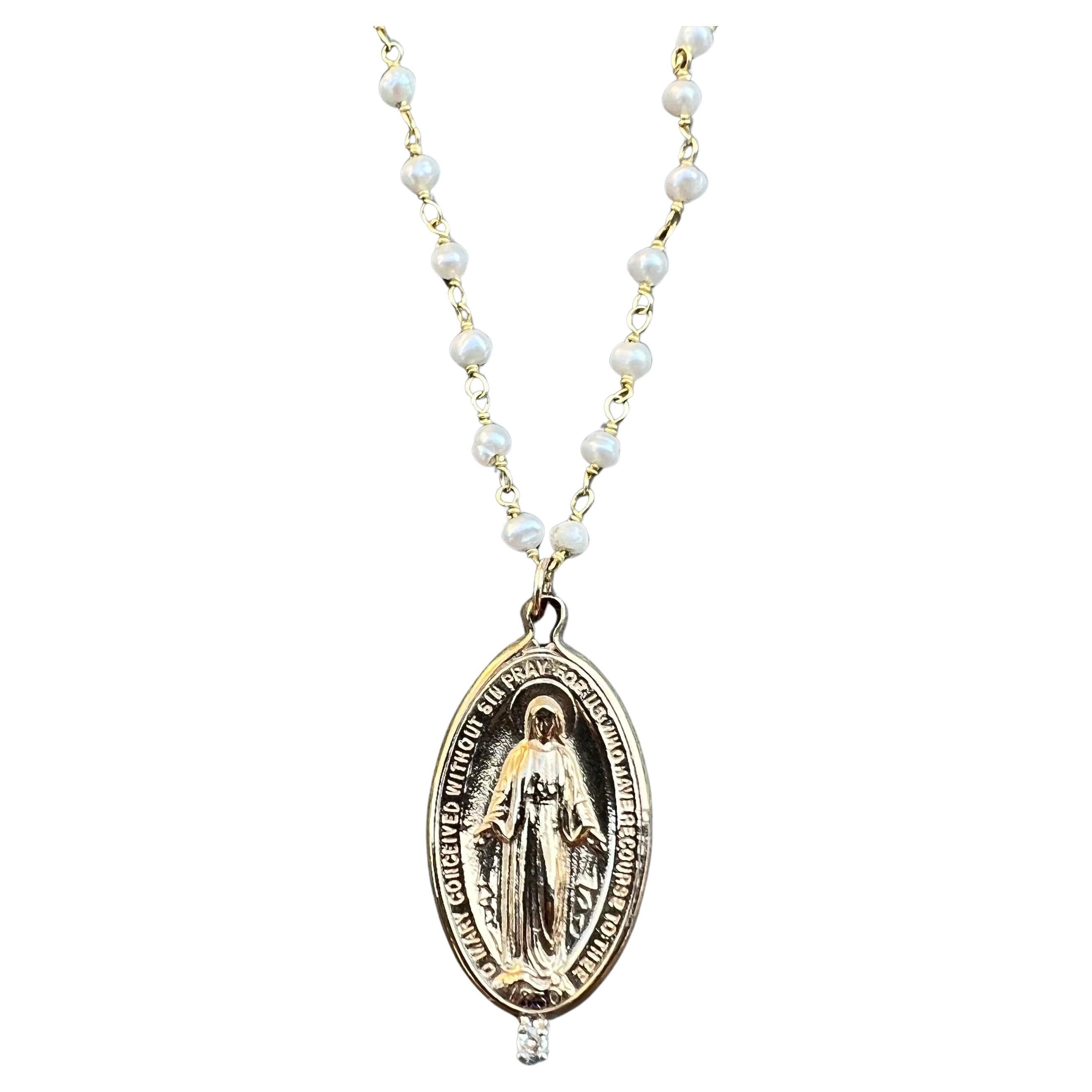 Collar Colgante Medalla Diamante Virgen María Perla Rosario