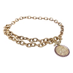 Medal Chain Necklace Choker Pink Crystals Virgin Mary
