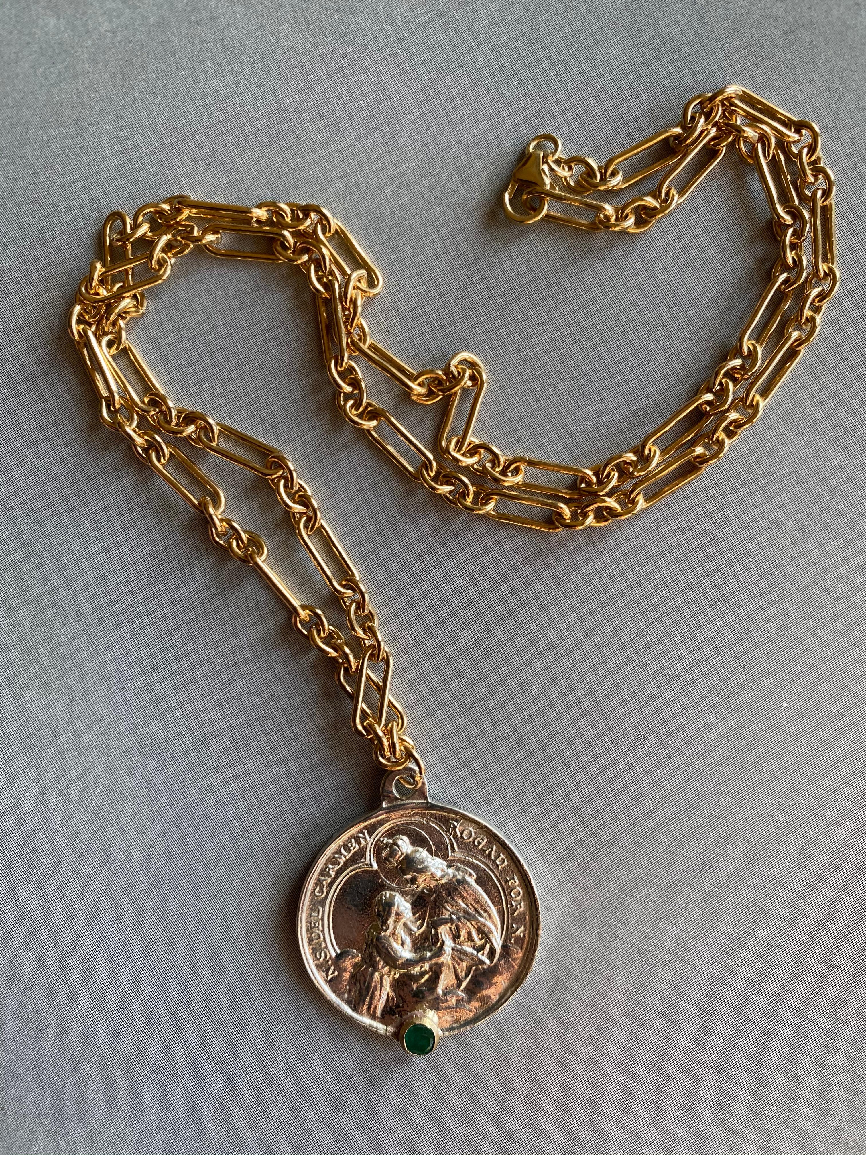 Medal Chain Necklace Emerald Virgin Mary Carmen Silver In New Condition For Sale In Los Angeles, CA