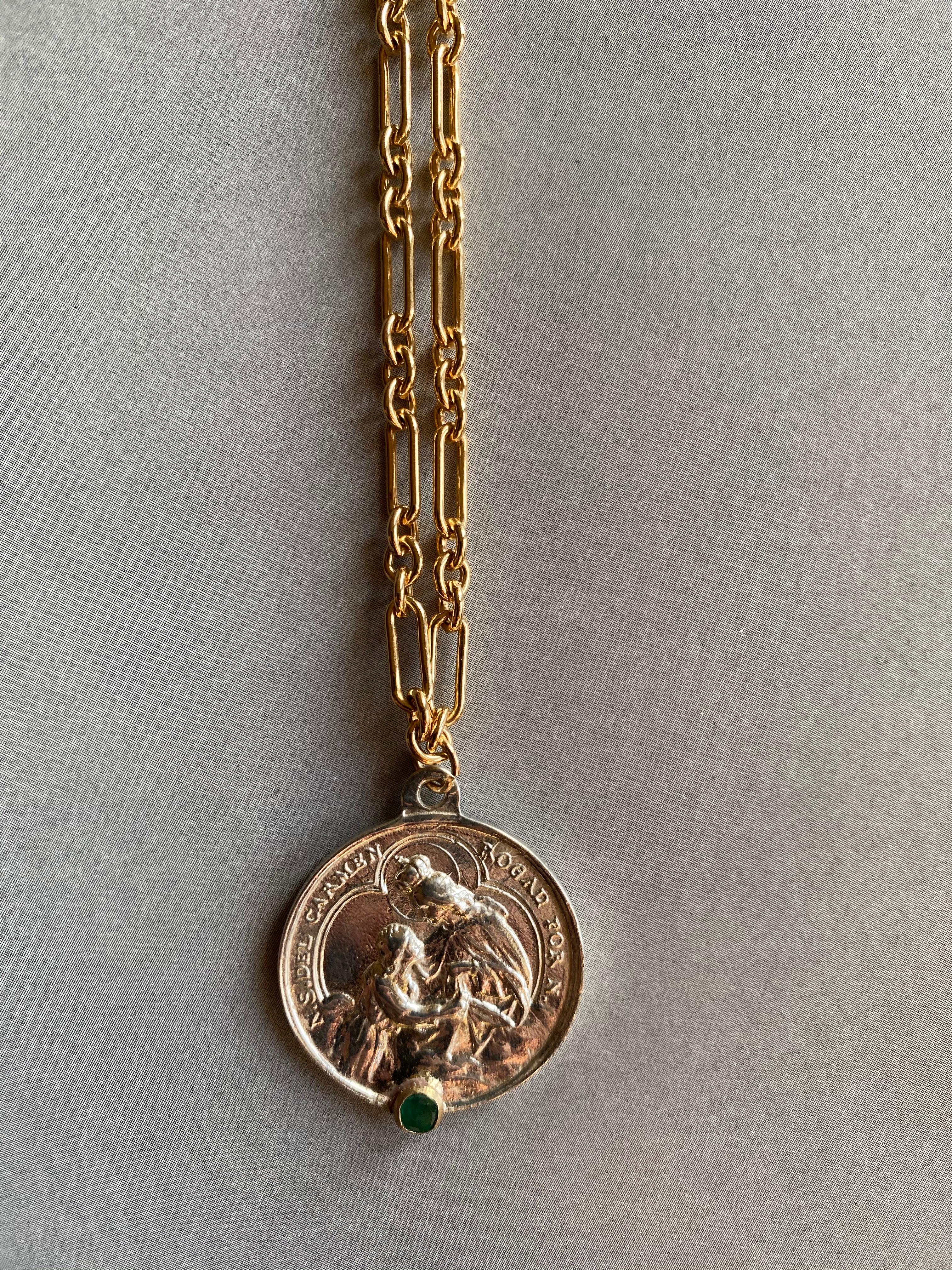 Women's Medal Chain Necklace Emerald Virgin Mary Carmen Silver For Sale