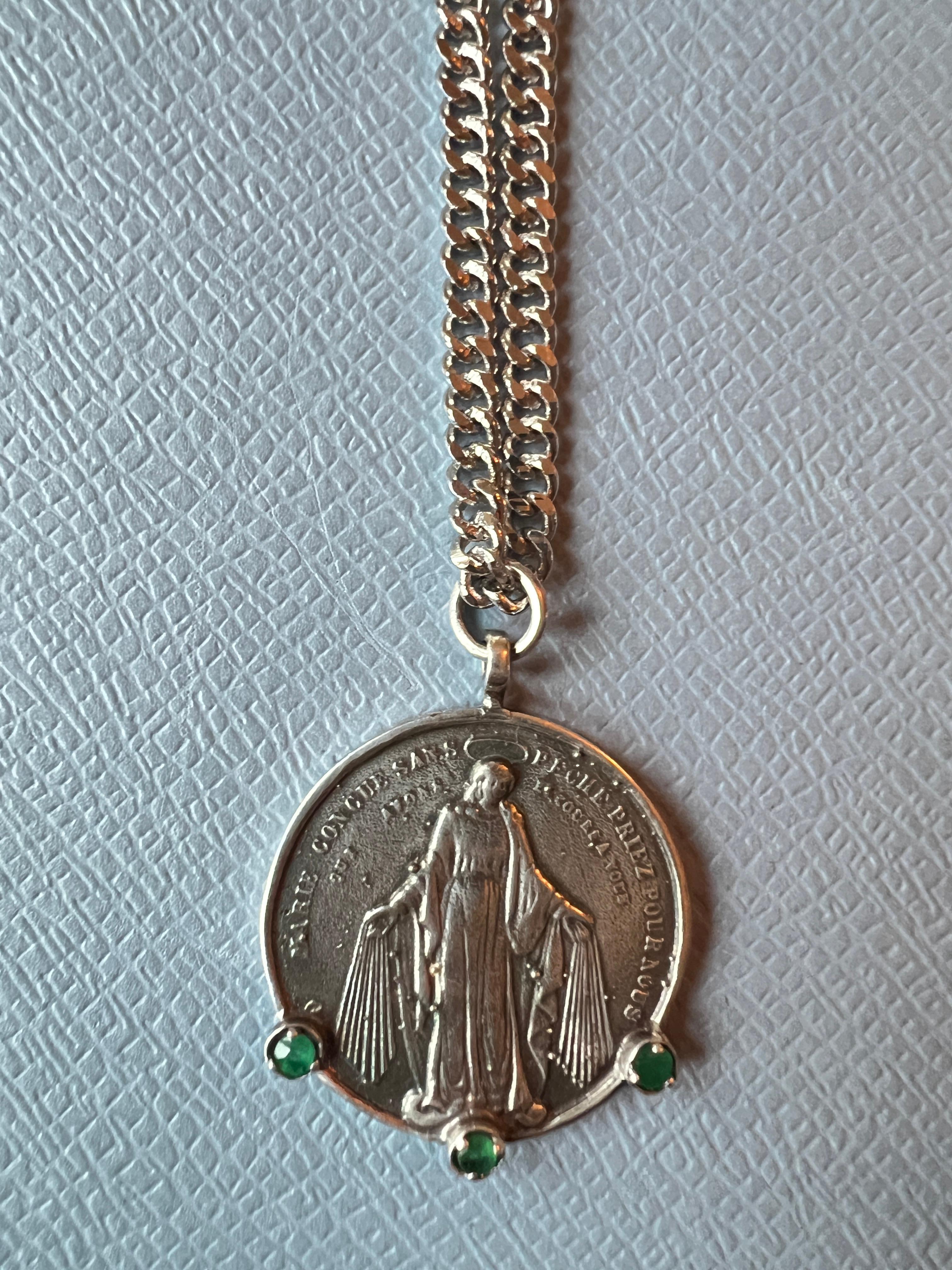 Emerald Medal Chain Necklace Virgin Mary Coin Sterling Silver 8