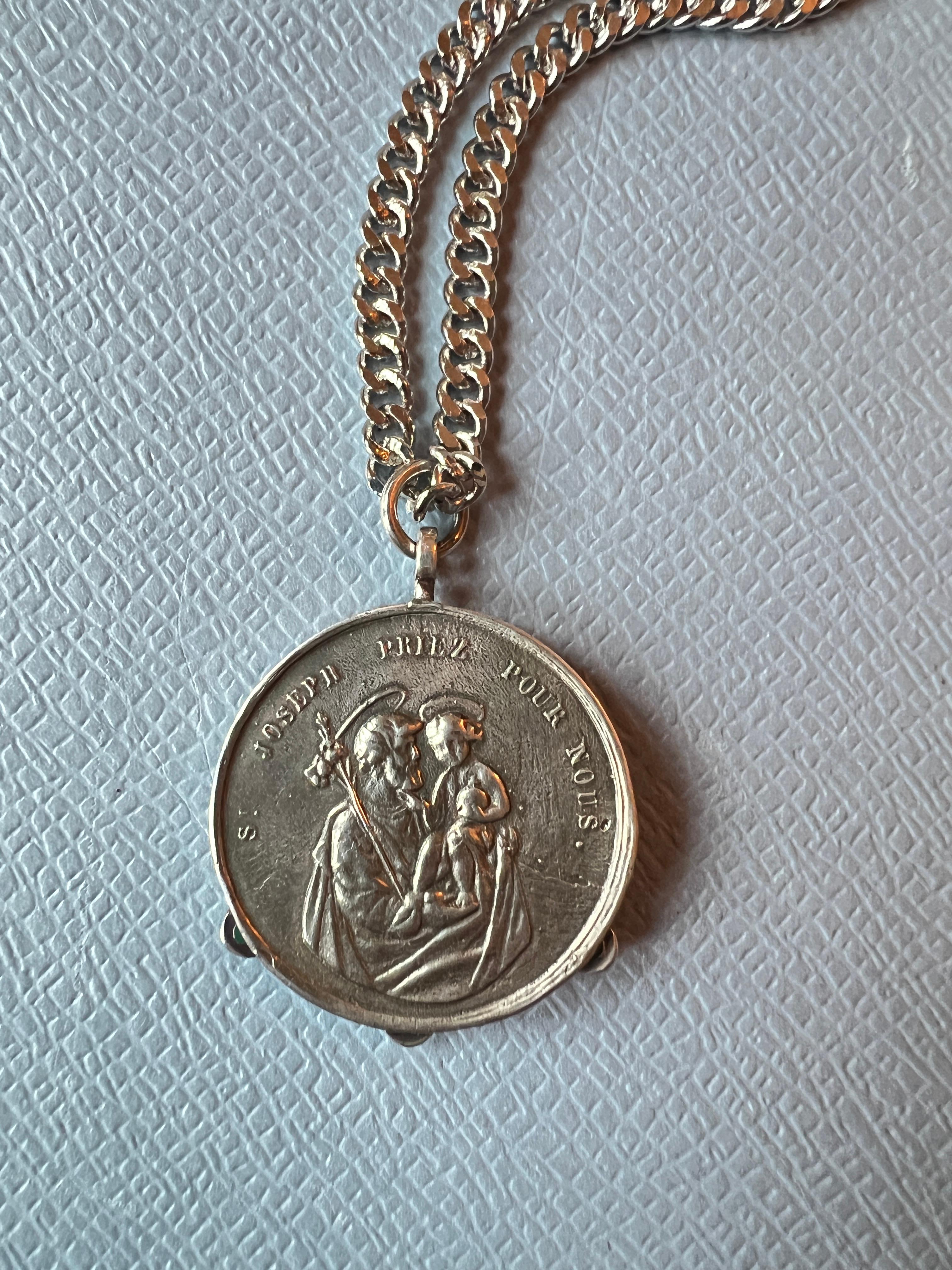 Emerald Medal Chain Necklace Virgin Mary Coin Sterling Silver 9
