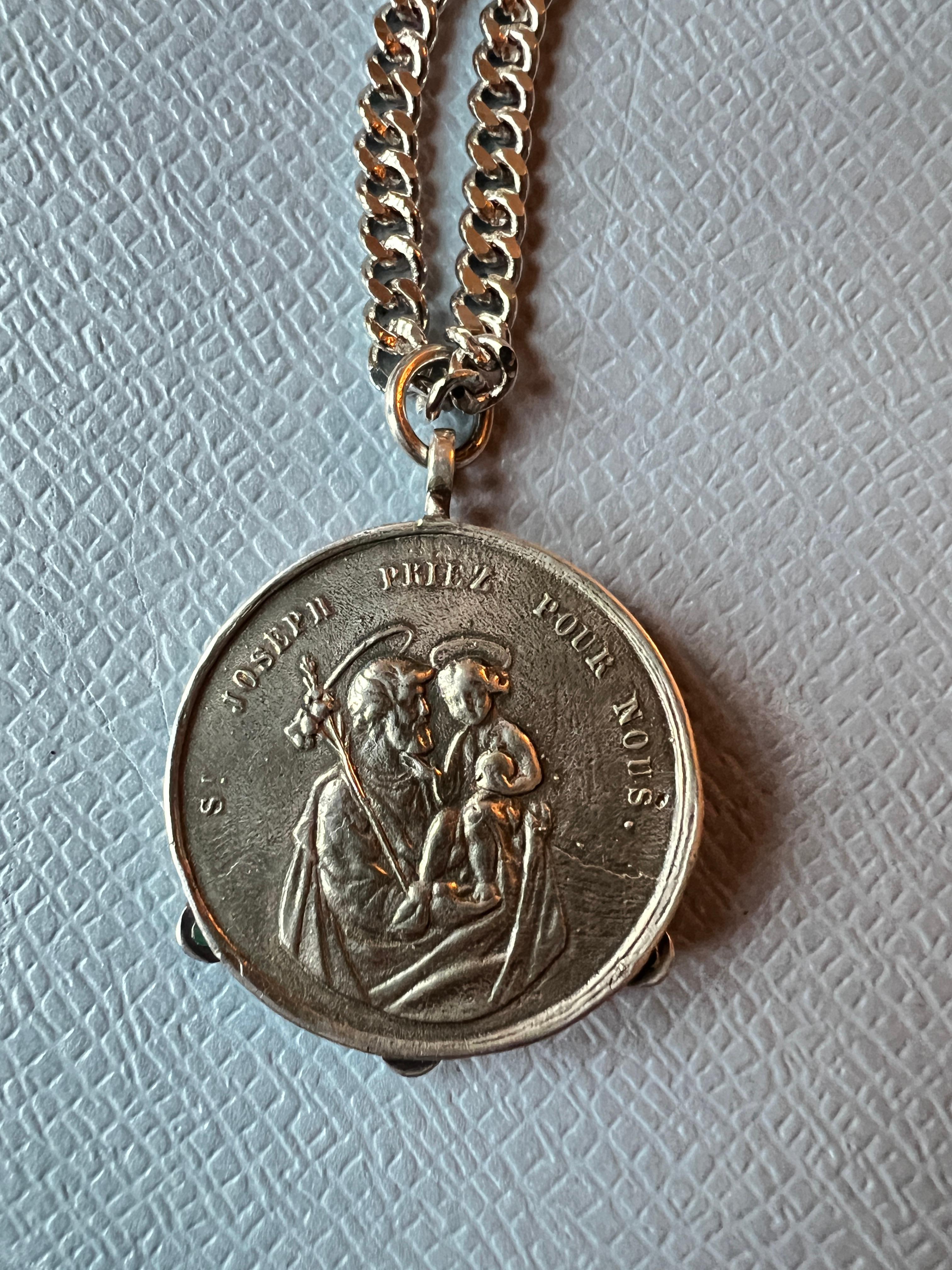 Victorian Emerald Medal Chain Necklace Virgin Mary Coin Sterling Silver