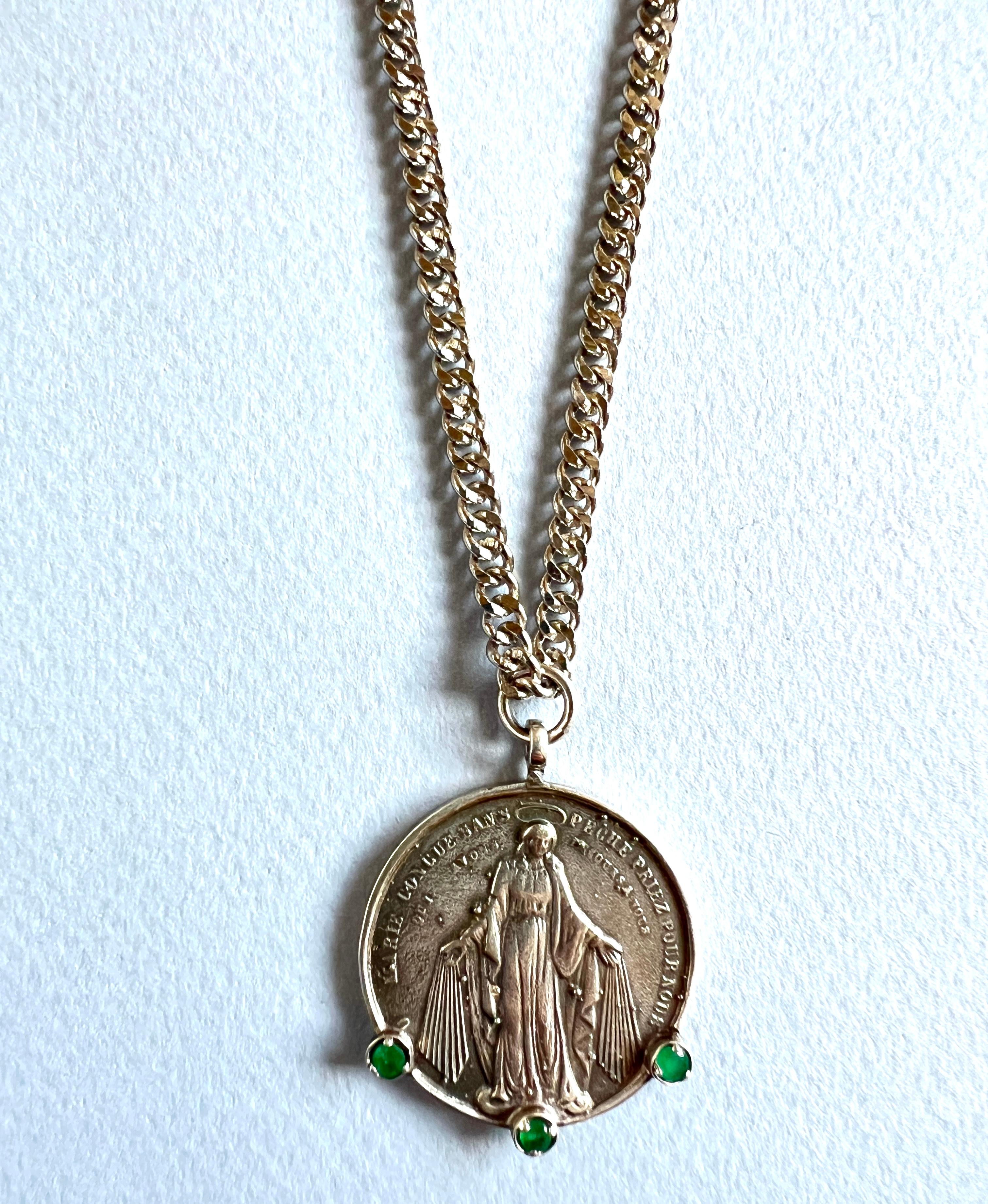 Emerald Medal Chain Necklace Virgin Mary Coin Sterling Silver 10