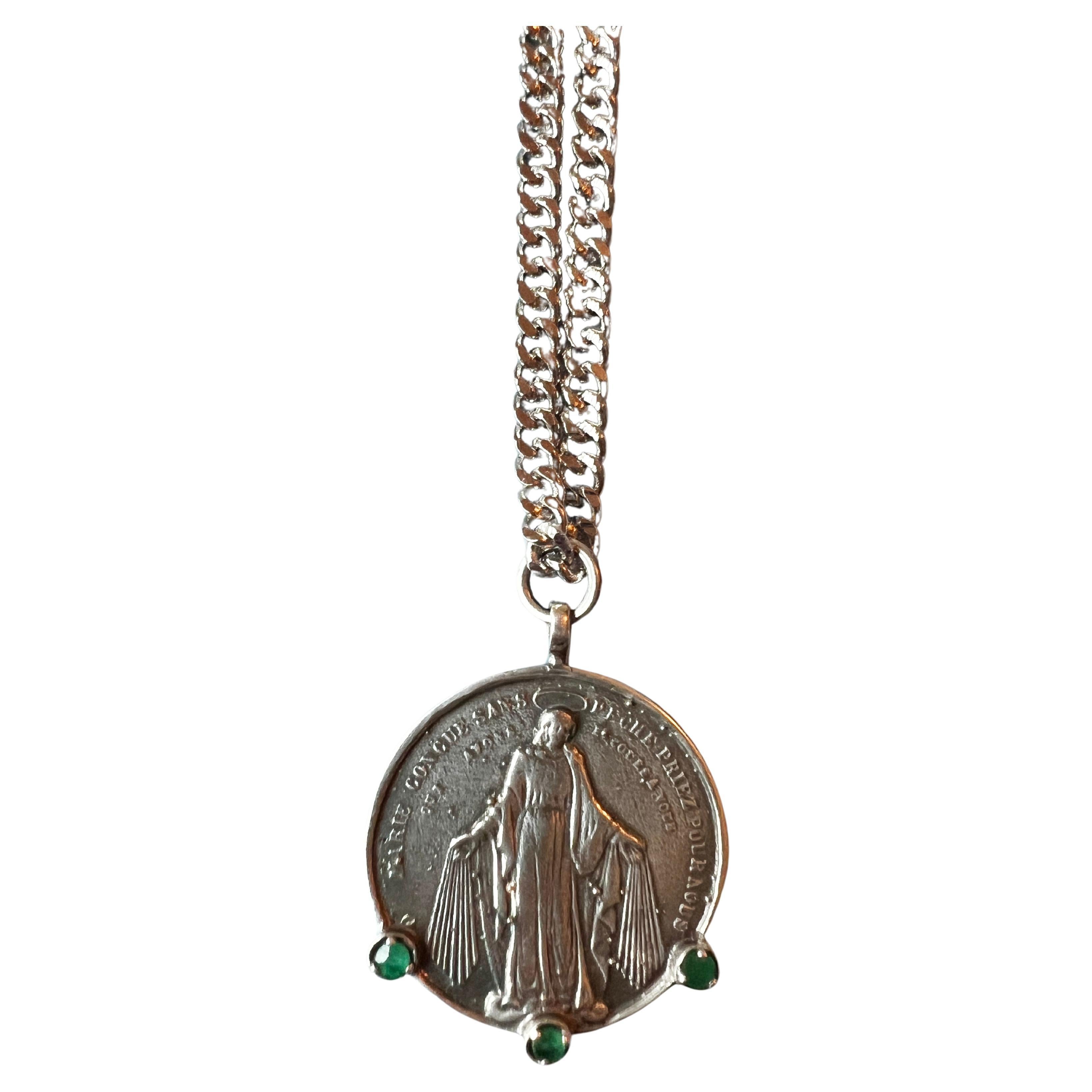 Women's Emerald Medal Chain Necklace Virgin Mary Coin Sterling Silver
