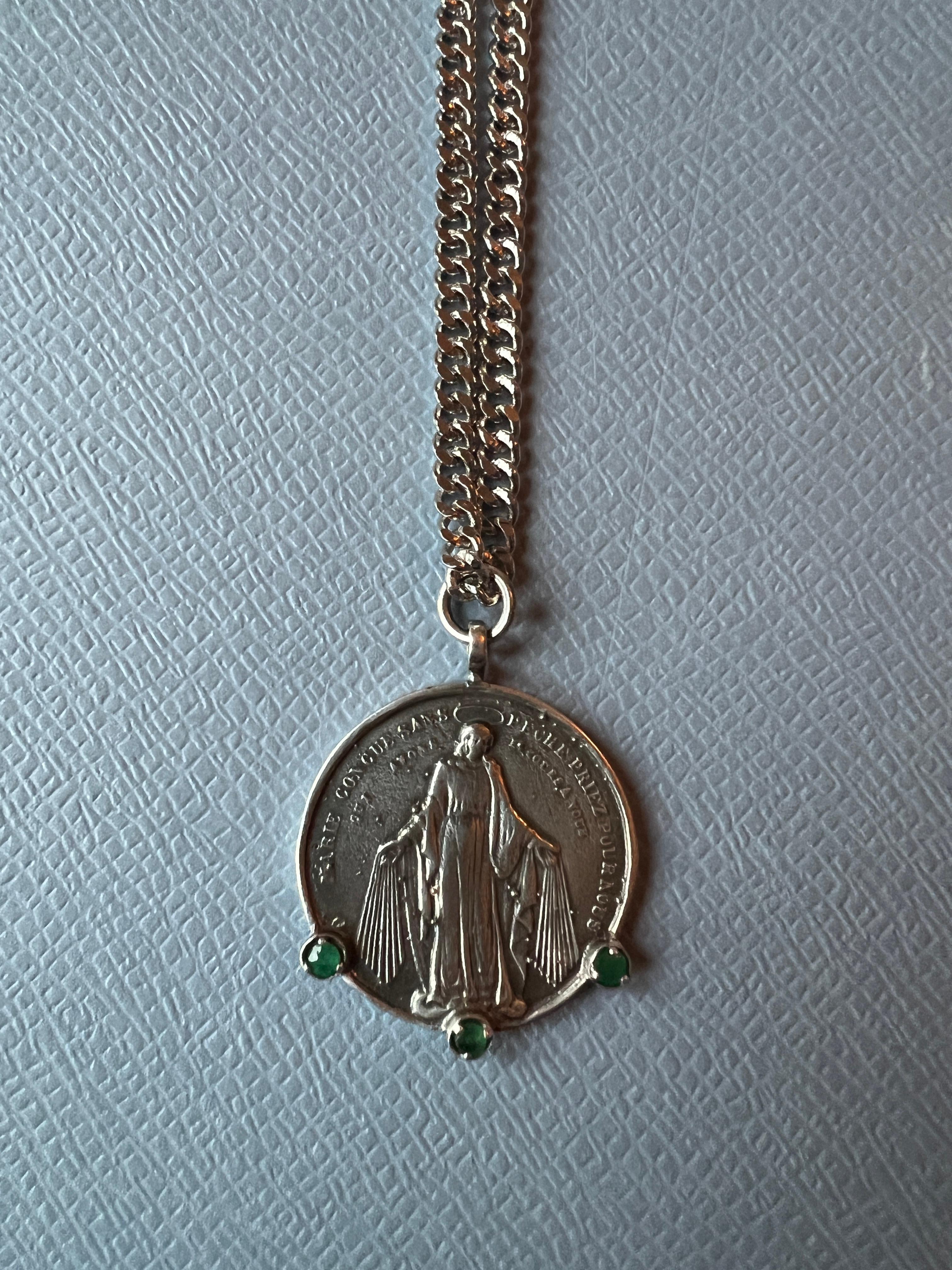 Emerald Medal Chain Necklace Virgin Mary Coin Sterling Silver 2