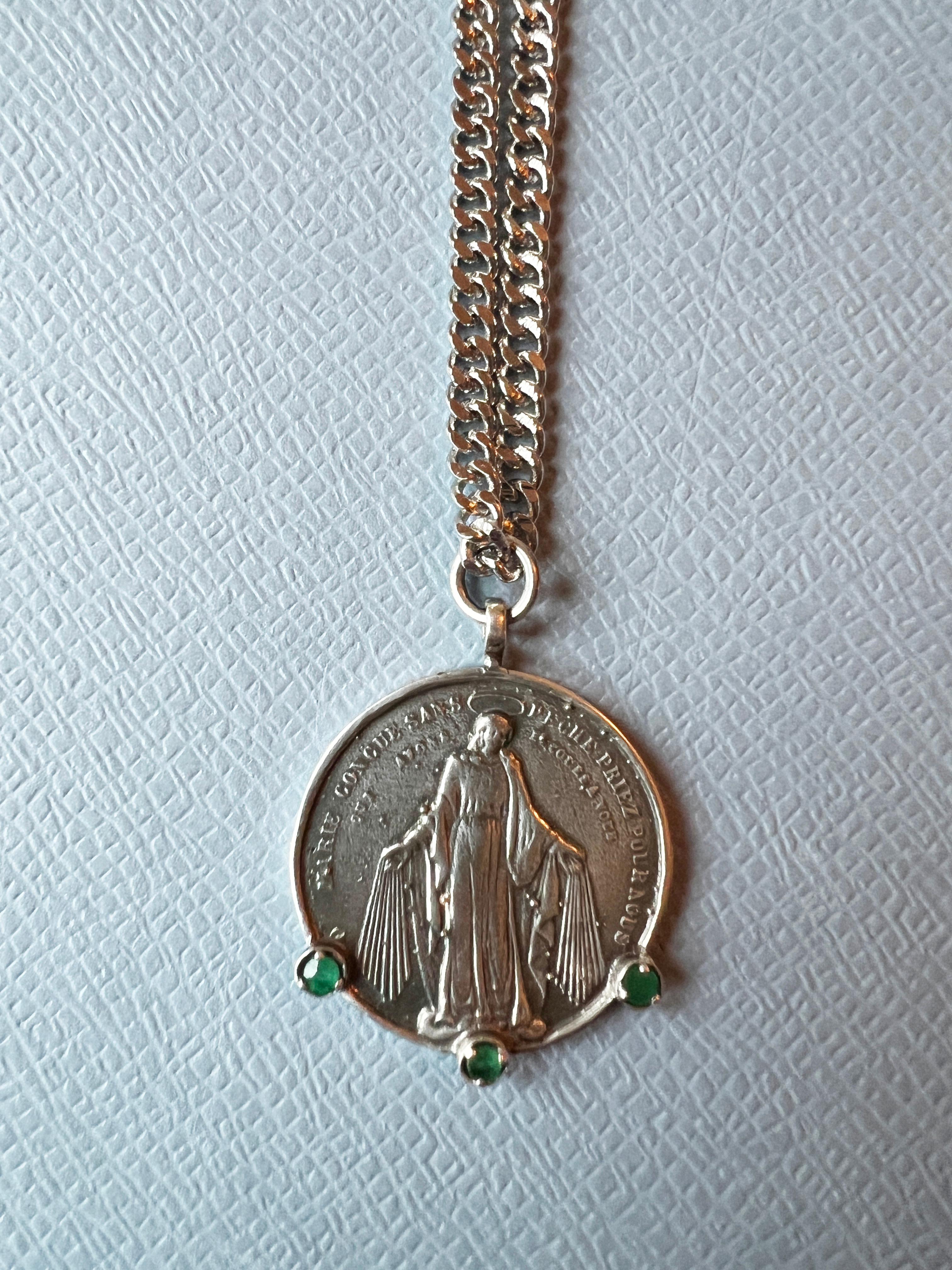 Emerald Medal Chain Necklace Virgin Mary Coin Sterling Silver 3