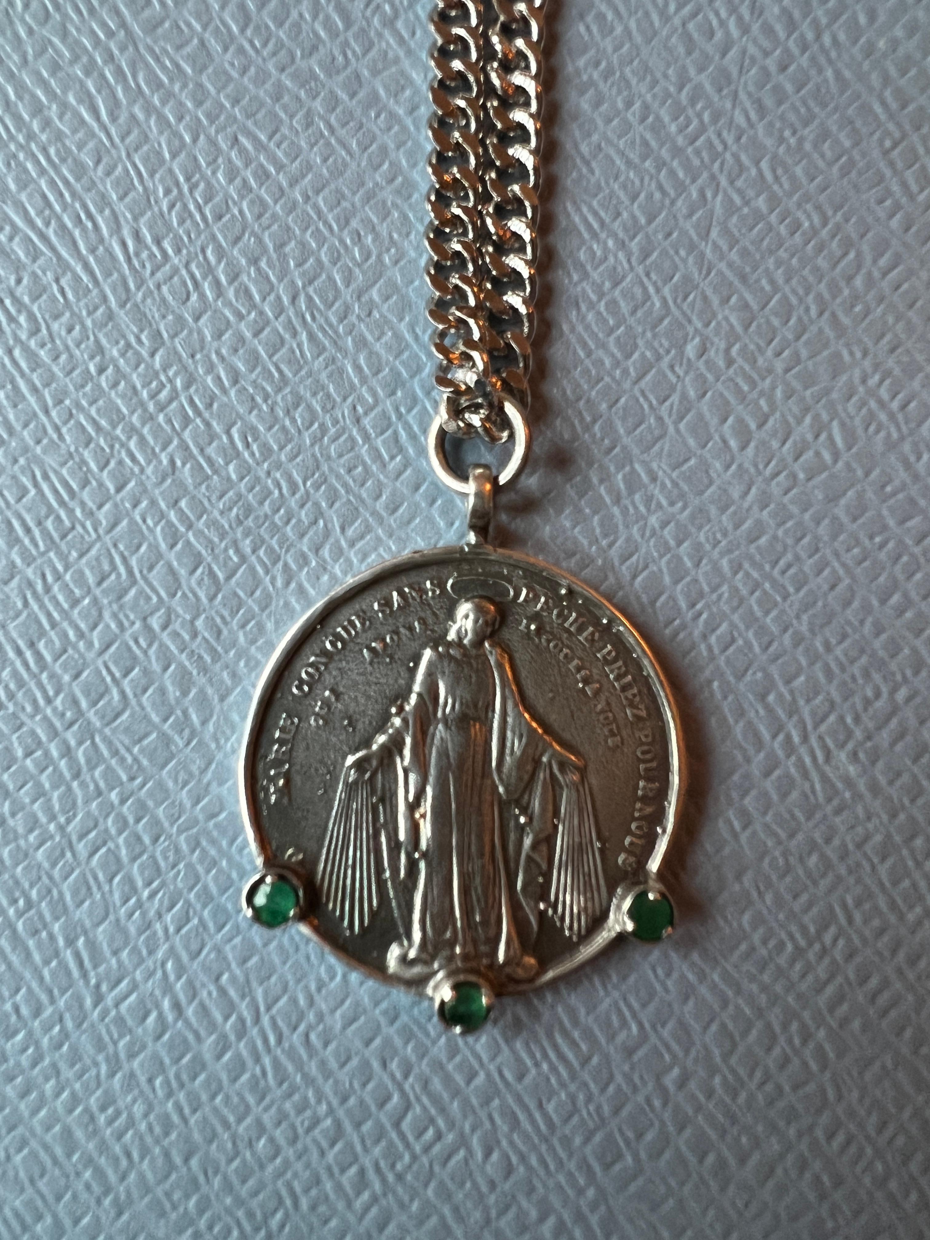 Emerald Medal Chain Necklace Virgin Mary Coin Sterling Silver 4