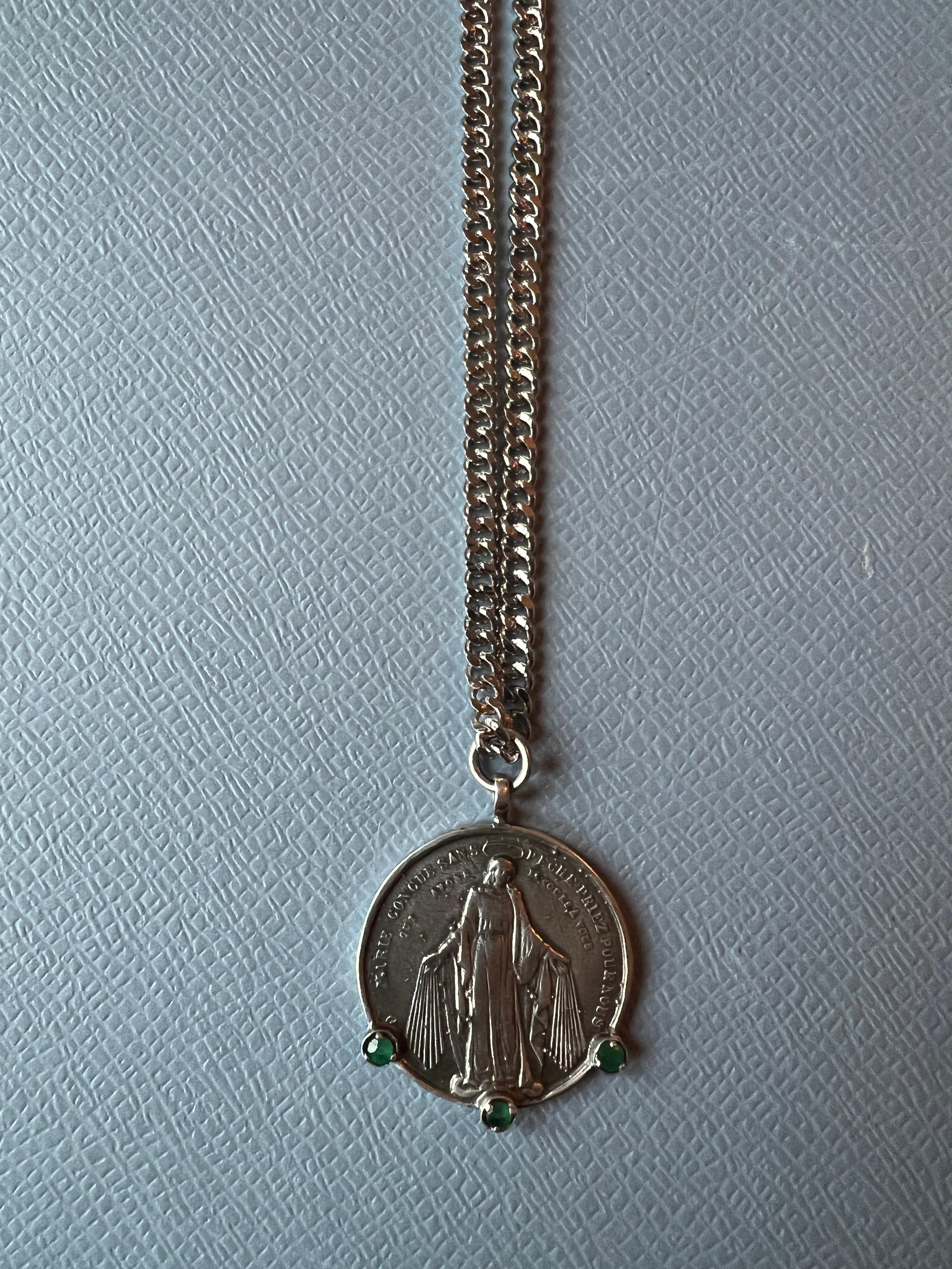 Emerald Medal Chain Necklace Virgin Mary Coin Sterling Silver 5