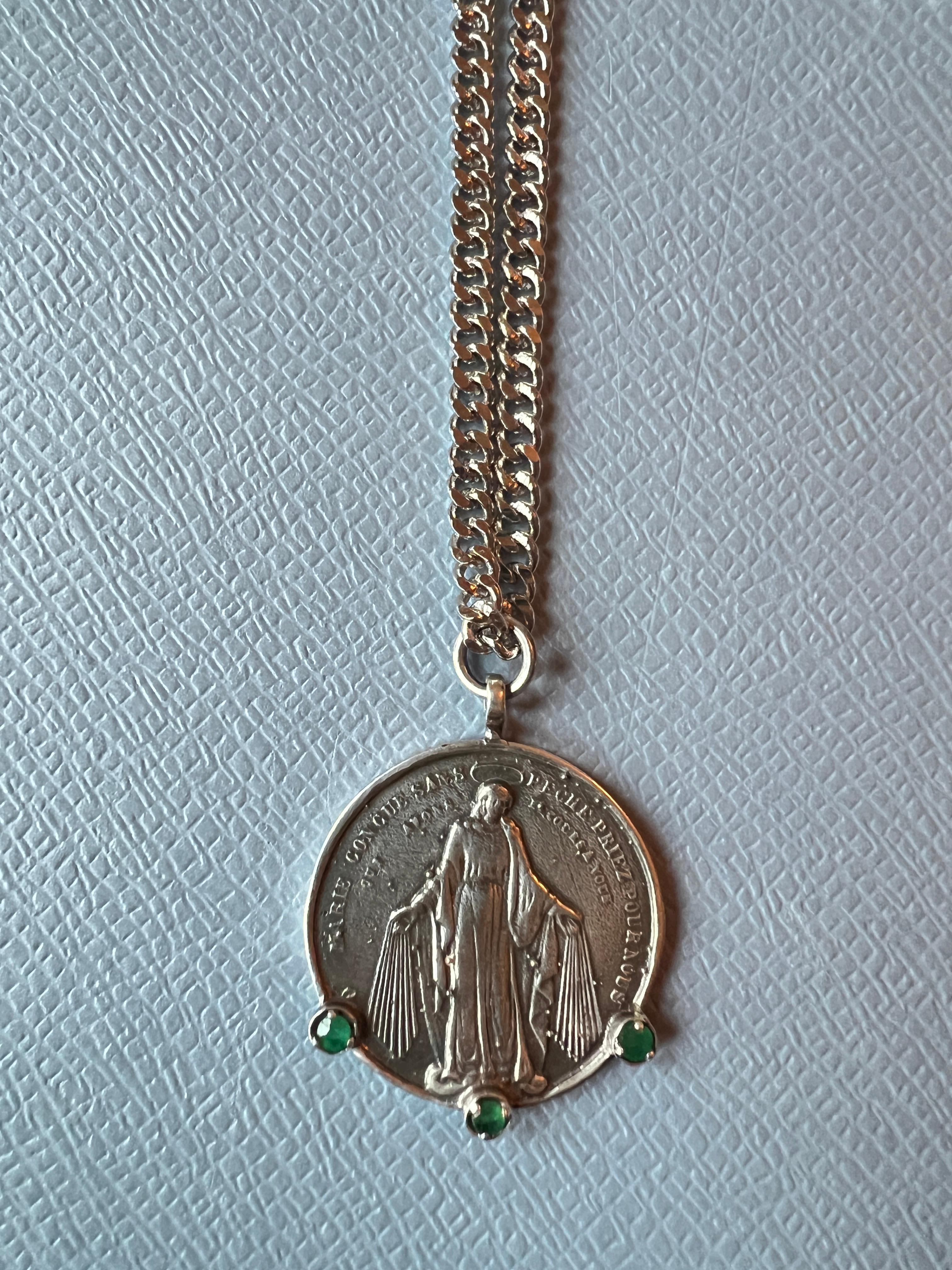 Emerald Medal Chain Necklace Virgin Mary Coin Sterling Silver 6