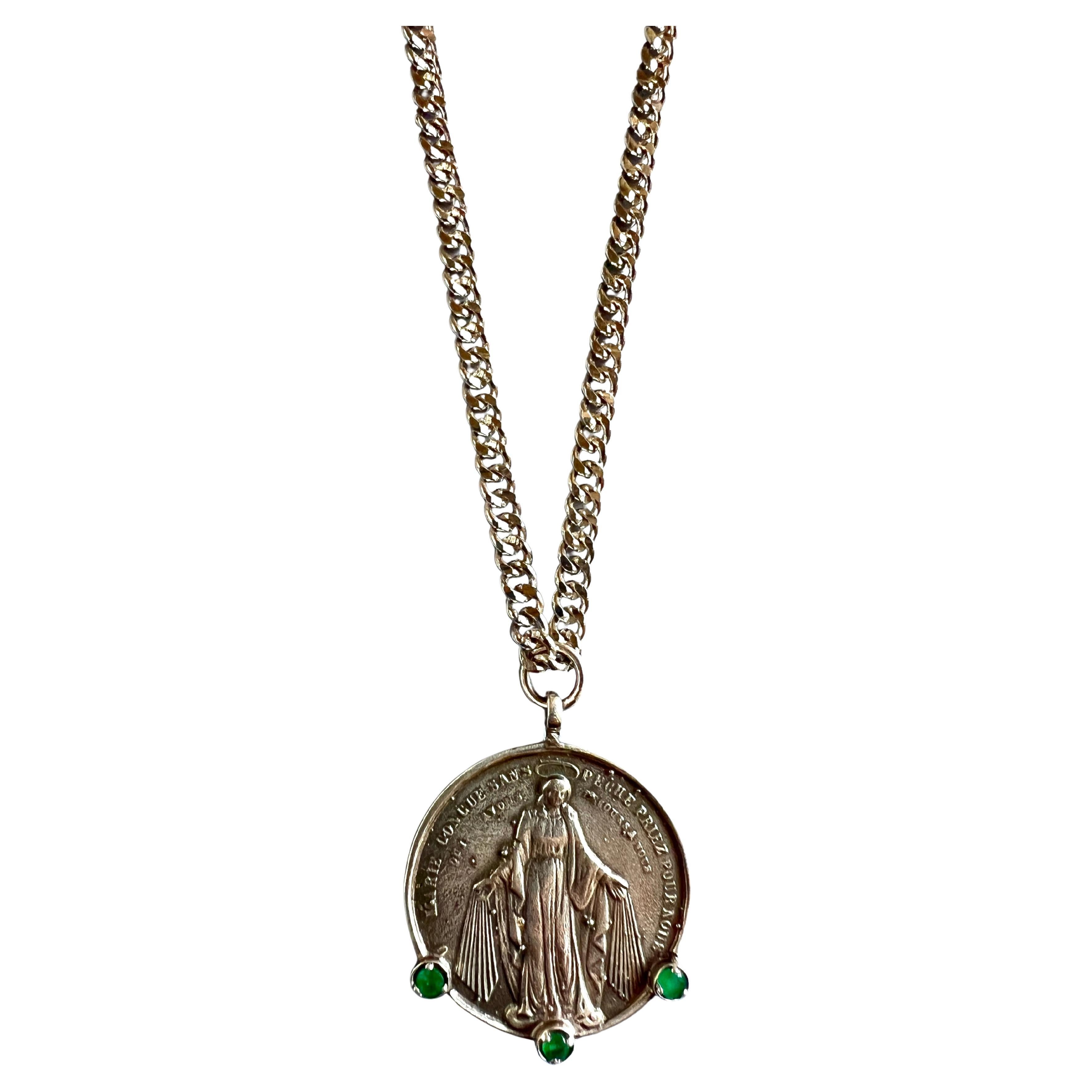 Brilliant Cut Emerald Medal Chain Necklace Virgin Mary Coin Sterling Silver