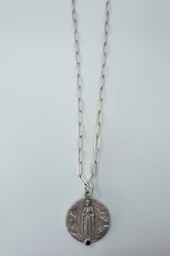 Medal Chain Necklace French Virgin Mary Silver Black Diamond 28"