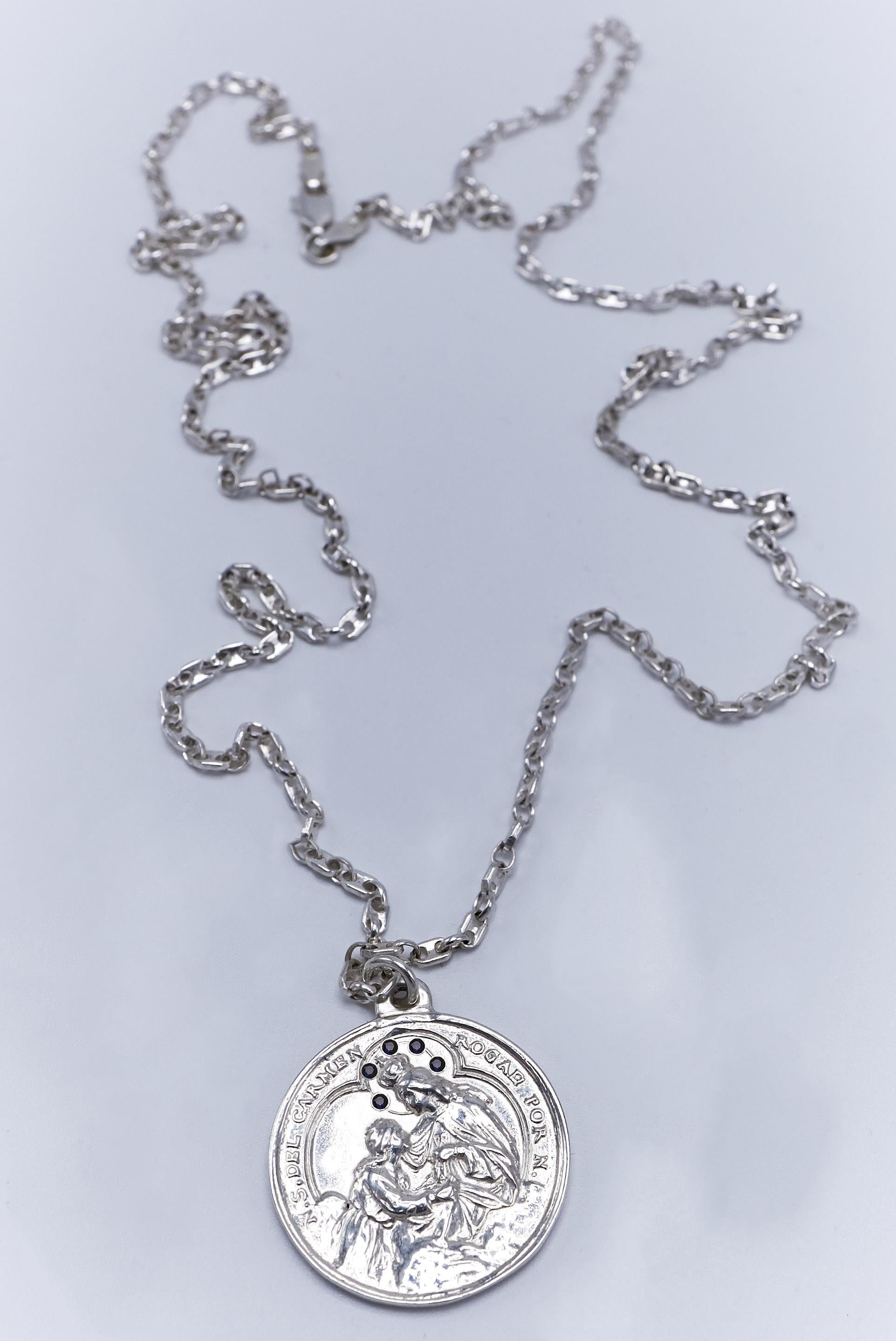 Brilliant Cut Medal Chain Necklace Miraculous Virgin Mary Black Diamond Silver J Dauphin For Sale