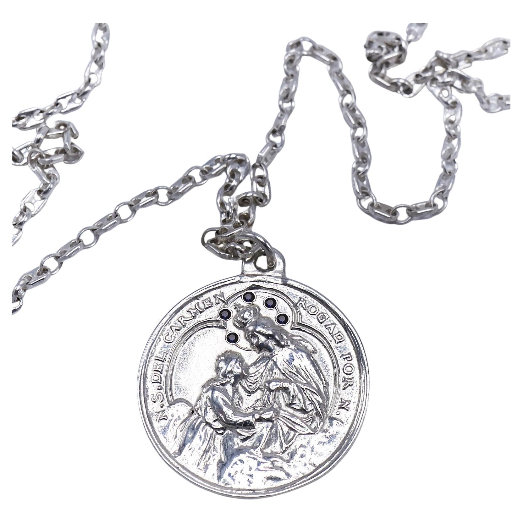 Medal Chain Necklace Miraculous Virgin Mary Black Diamond Silver J Dauphin For Sale