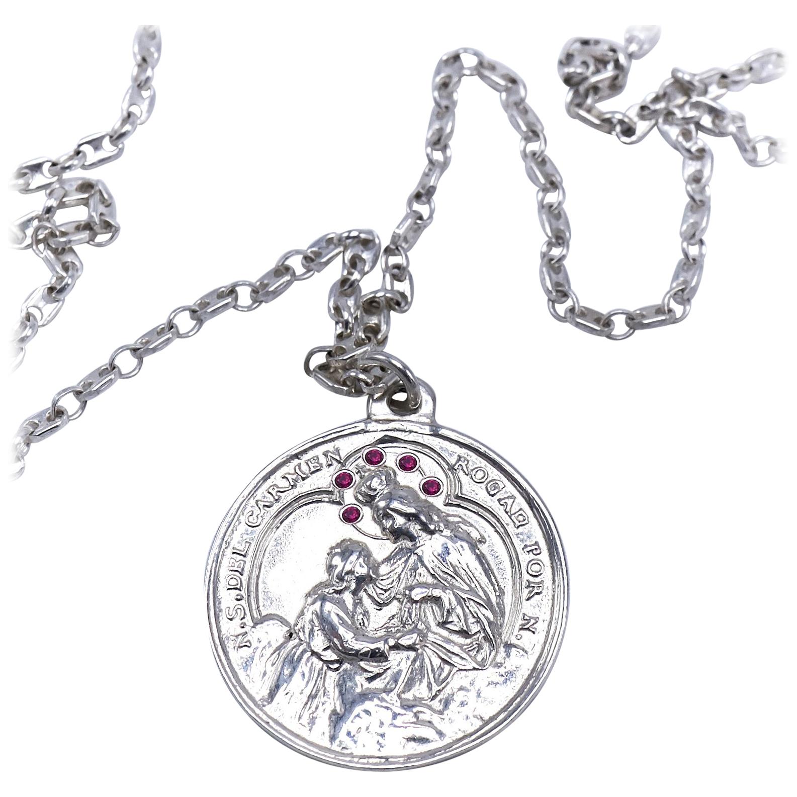Medal Chain Necklace Miraculous Virgin Mary Ruby Silver J Dauphin For Sale