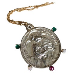 Medal Chain Necklace Multiple Gem Emerald Ruby Opal Virgin Mary