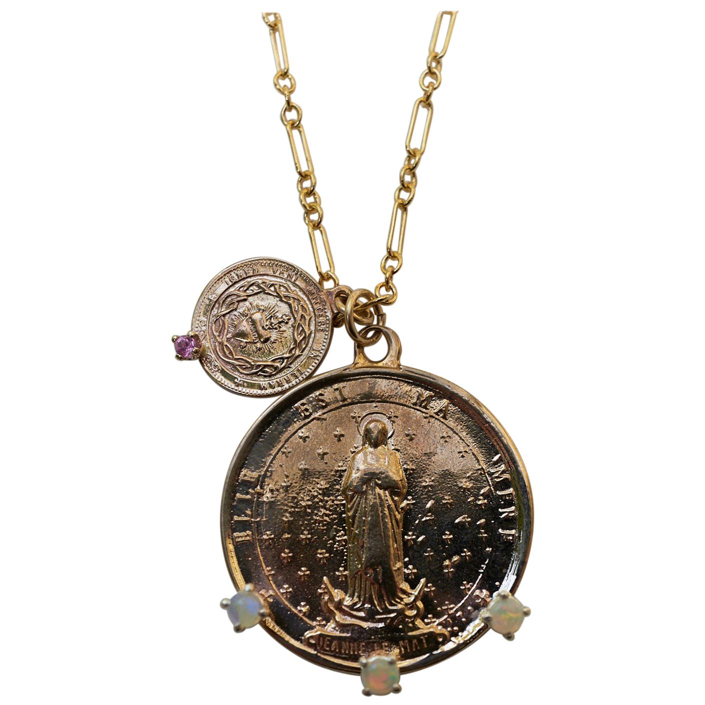 Medal Chain Necklace Pink Sapphire Opal Heart Medal Saint J Dauphin