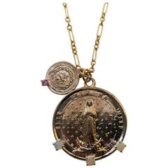 Medal Chain Necklace Pink Sapphire Opal Heart Medal Saint J Dauphin