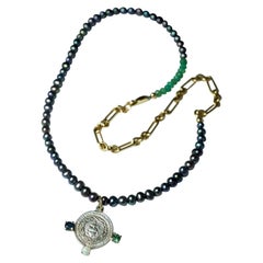 Medaillon-Halskette, Heiliges Herz, Sterlingsilber, schwarze Perle, Turmalin, Opal