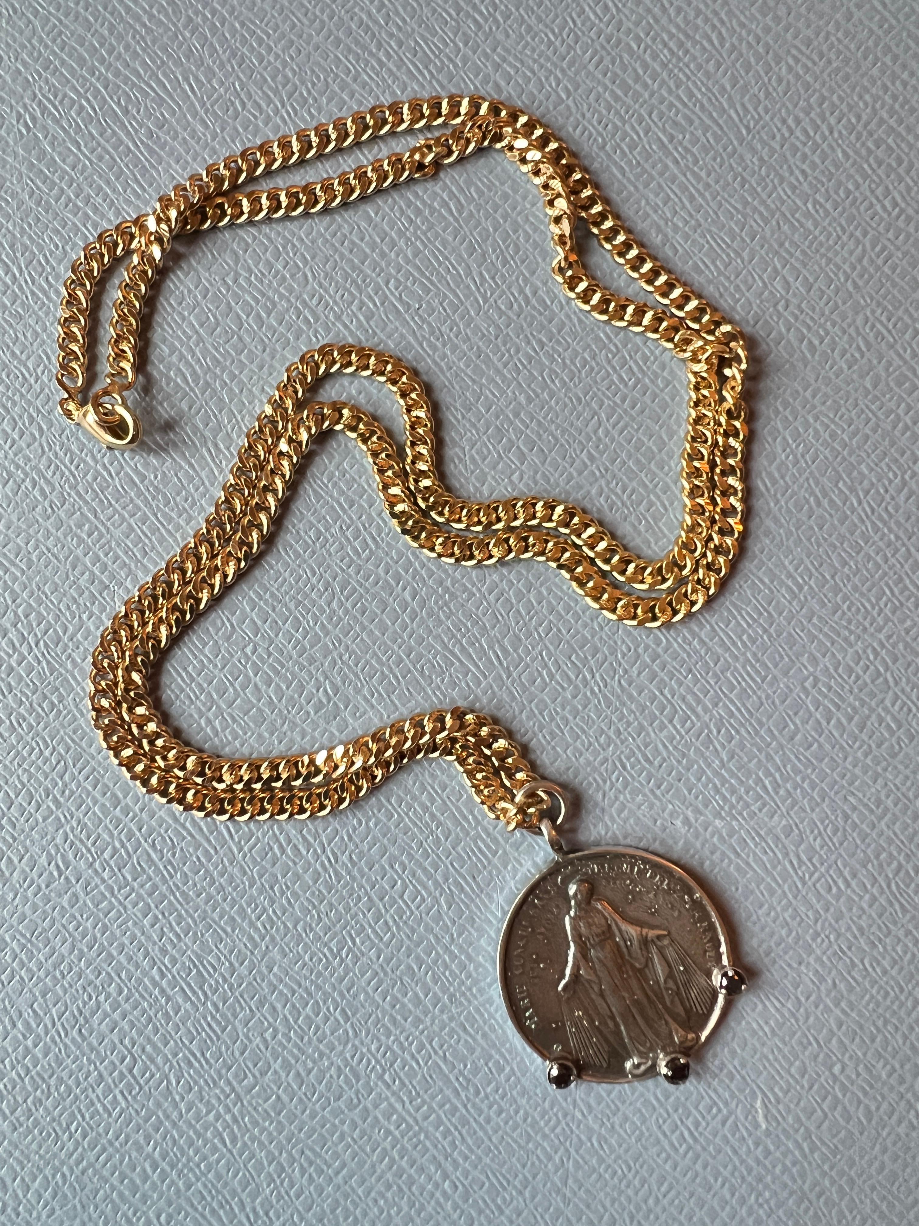 Medal Chain Necklace Virgin Mary Black Diamond Silver For Sale 1