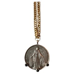Medal Chain Necklace Virgin Mary Black Diamond Silver
