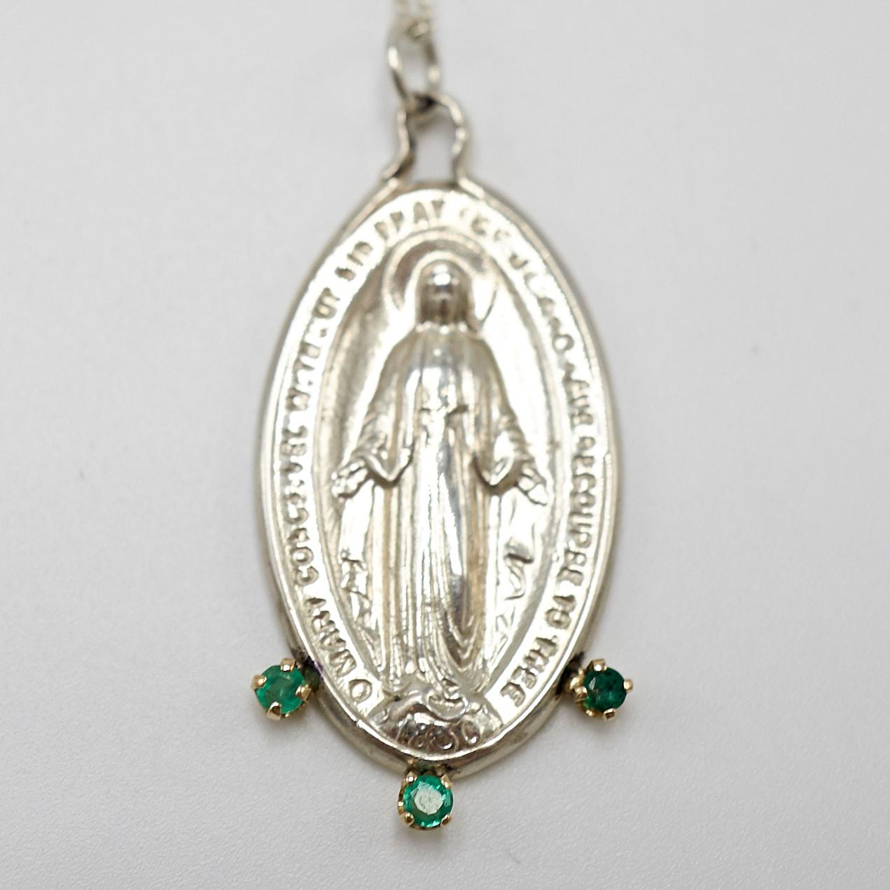 Medal Chain Necklace Oval Virgin Mary Silver Emerald Dauphin 22