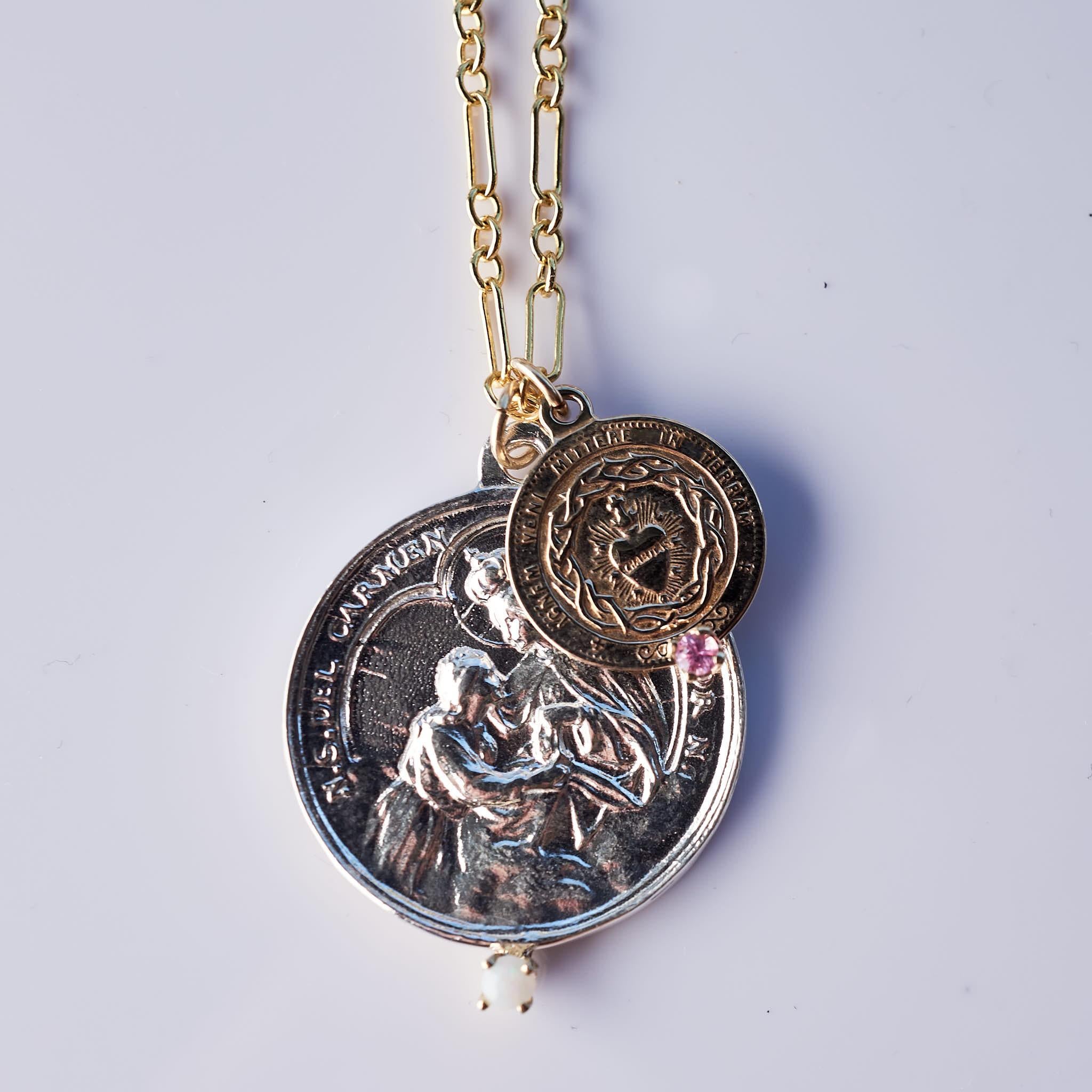 Medal Chain Necklace with two Medals Virgin Mary in Silver and Sacred Heart in Bronze, set with Opal and Pink Sapphire in 14k Gold Prongs, Necklace can be used in different lengths  24