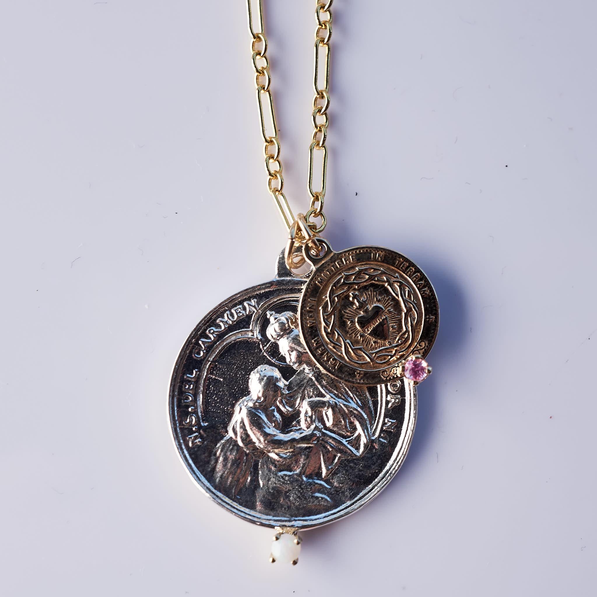 Medaille Kette Halskette Jungfrau Maria Heiliges Herz Opal Rosa Saphir Silber J Dauphin (Viktorianisch) im Angebot