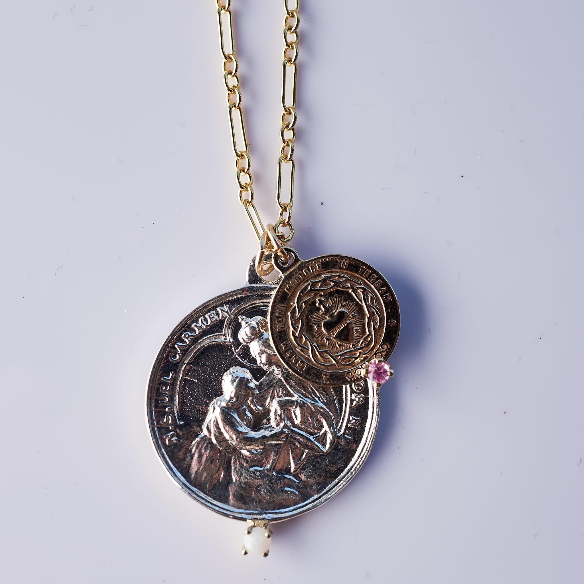 Medaille Kette Halskette Jungfrau Maria Heiliges Herz Opal Rosa Saphir Silber J Dauphin (Brillantschliff) im Angebot