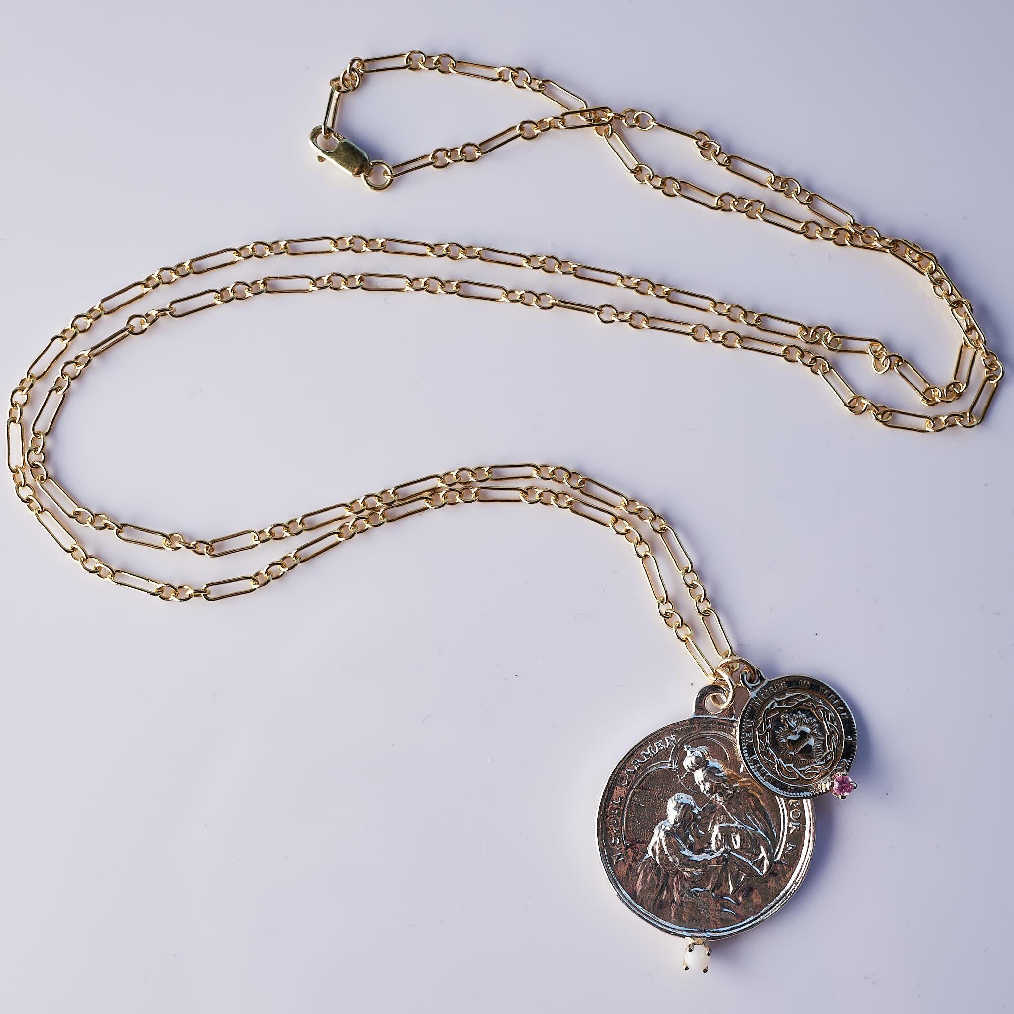 Medaille Kette Halskette Jungfrau Maria Heiliges Herz Opal Rosa Saphir Silber J Dauphin Damen im Angebot