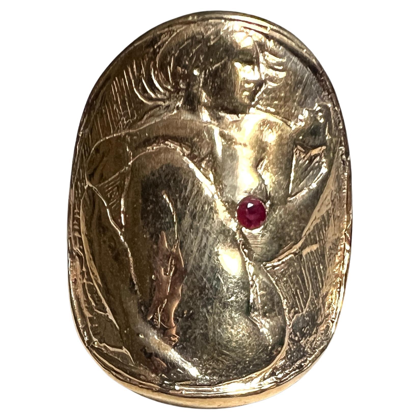 Women's Medal Coin Ring Woman with mask Ruby For Sale