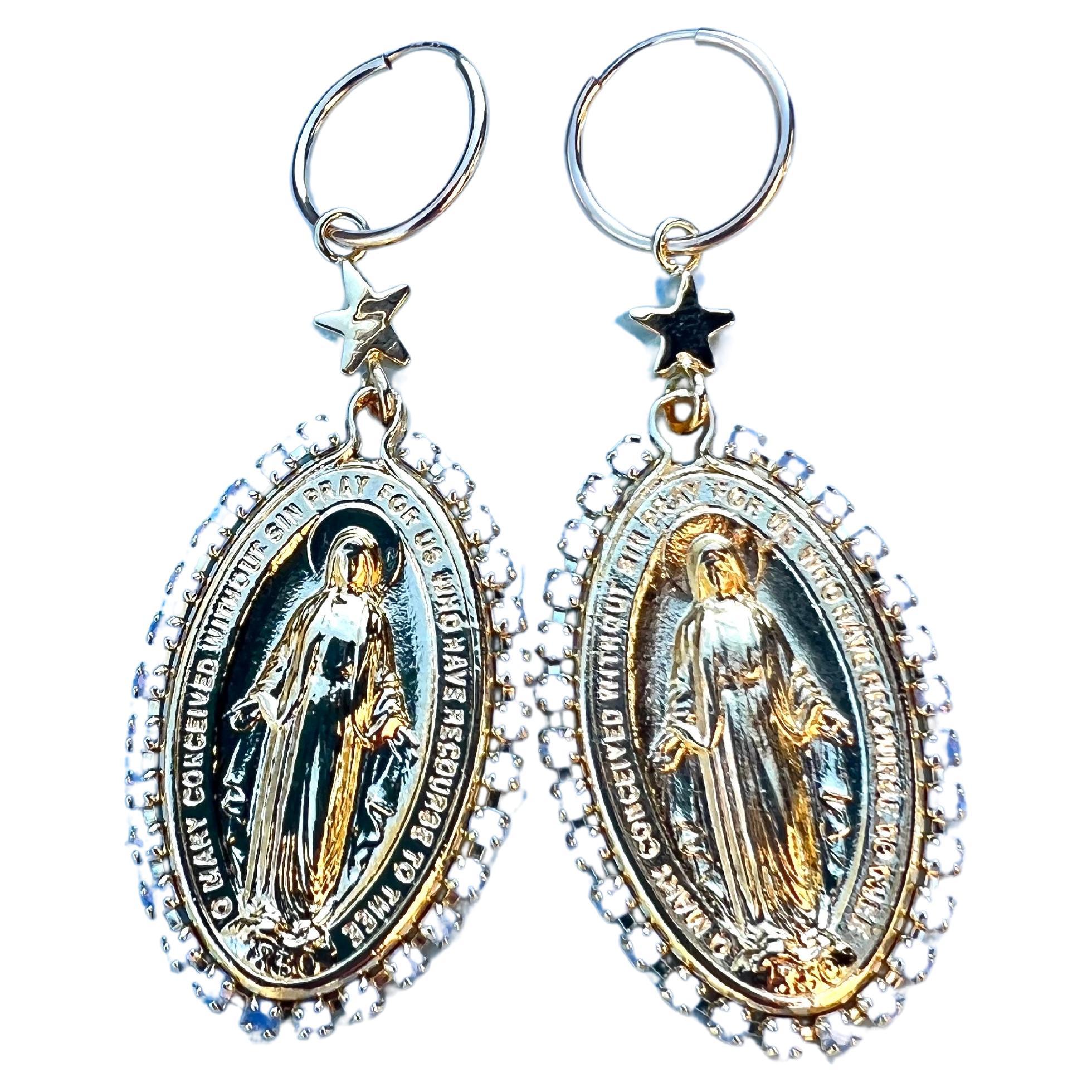 Medal Hoops Religious or Spiritual Virgin Mary Crystal Rhinestone in Light Blue J Dauphin

J DAUPHIN 