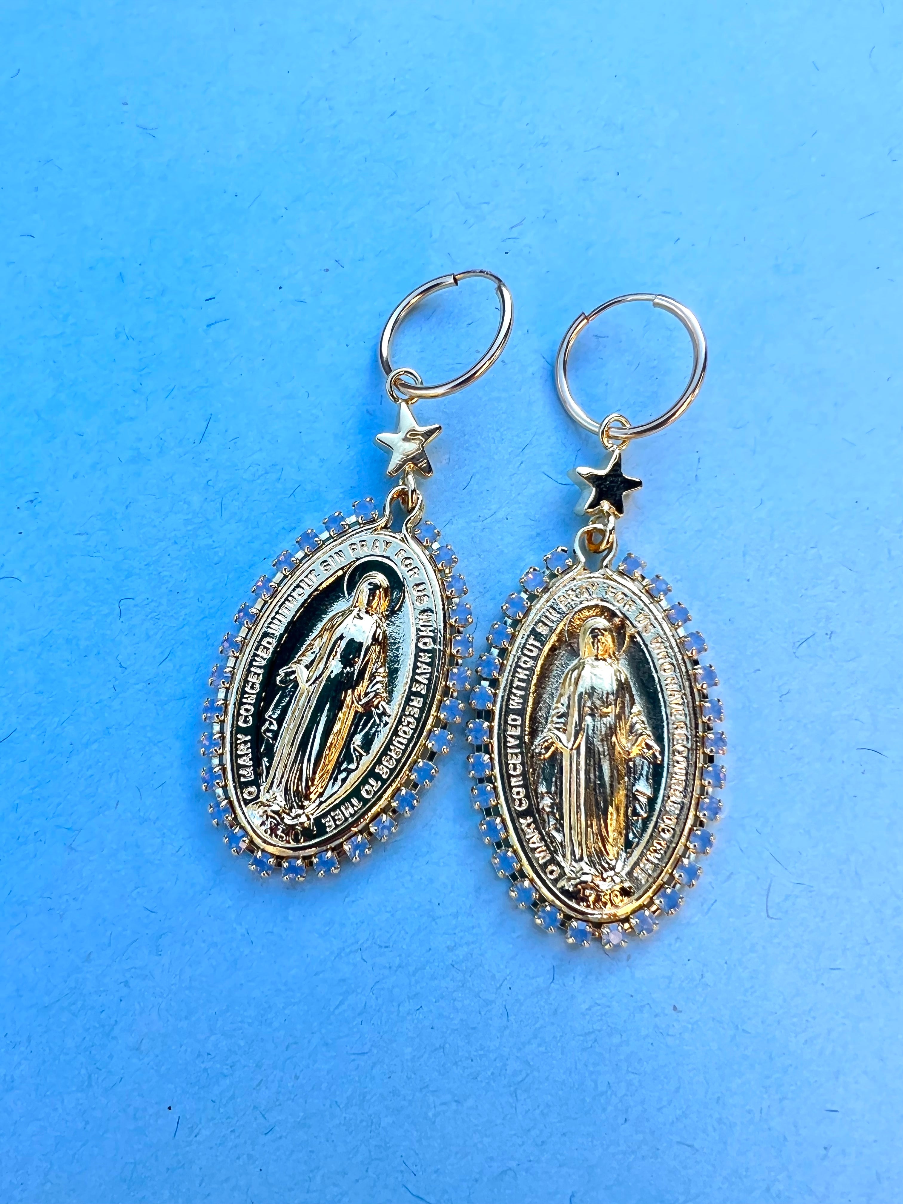 Contemporary Medal Hoops Religious Virgin Mary Crystal Rhinestone Light Blue J Dauphin