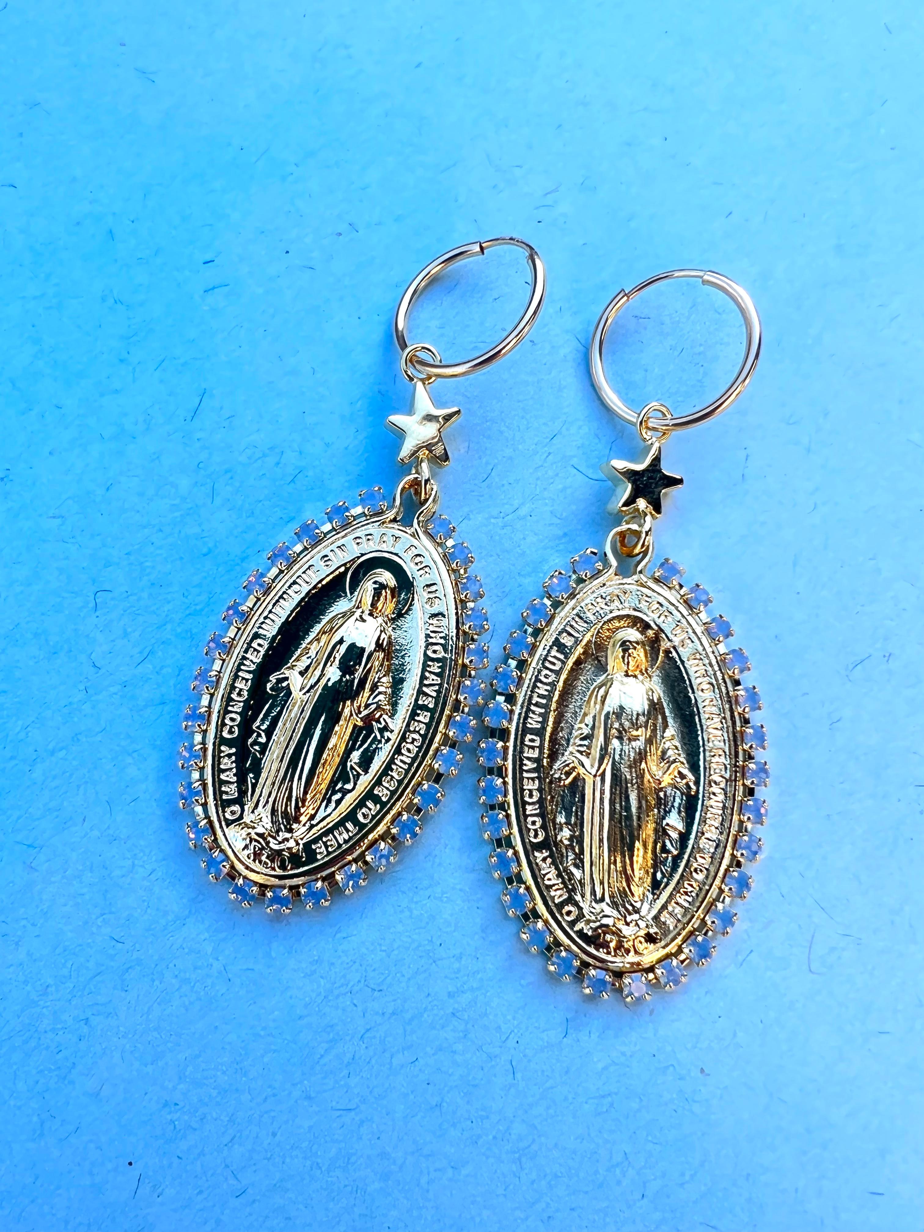 Bead Medal Hoops Religious Virgin Mary Crystal Rhinestone Light Blue J Dauphin
